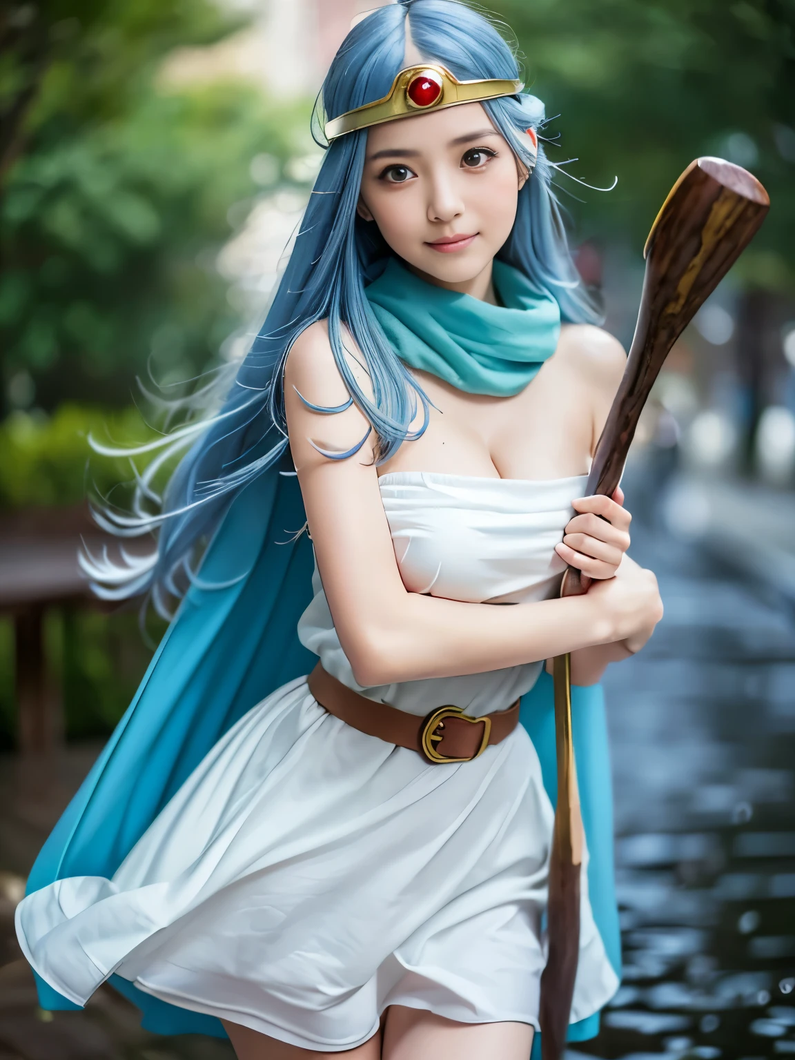 ((best quality, 8k, master piece:1.3)), concentrated:1.2, beautiful woman with perfect figure:1.4, cocked ass:1.2, ((cut hair in layers, beautiful breasts:1.2)),(rain, Street style:1.3), bandeau dress:1.1, Highly detailed face and skin texture, detailed eyes, double eyelid,whiten skin,blue long hair、Super realistic、realistic table top, highest quality, super detailed, figure, sage_(dq3), 1 girl, (holding staff, staff:1.3), alone, Blue hair long hair, blue hair, circlet, red eyes, normal breast, yellow gloves, white dress, belt bag, cape, Knee-high boots, cleavage, bare shoulders, underwear,grassy area, wind lift, background, white backgroundスーパーライブアクション,(8K,RAW photo, highest quality, masterpiece:1.2), cinematic light, (finely become familiar with face:1.2), (masterpiece:1.5), (highest quality:1.2), (looking at the viewer:1.2), (art station:1.2), dramatic, epic real, 超Complexディテール, become familiar with, ( highly become familiar with CG wallpaper Unity 8k),, Popular on CGSociety, Complex, High resolution, sharp focus, dramatic, very sharp lines, realistic pictures, 緻密なmasterpiece, elegant, clear focus, written boundary depth, movie wallpaper, face focus, Physically based rendering, photon mapping, Physically based rendering, (((looking at camera))), (((Bokeh (background))), (The gentle face of a 2:05 year old girl:1.1),smile, very big and cute eyes,I don't have a cane