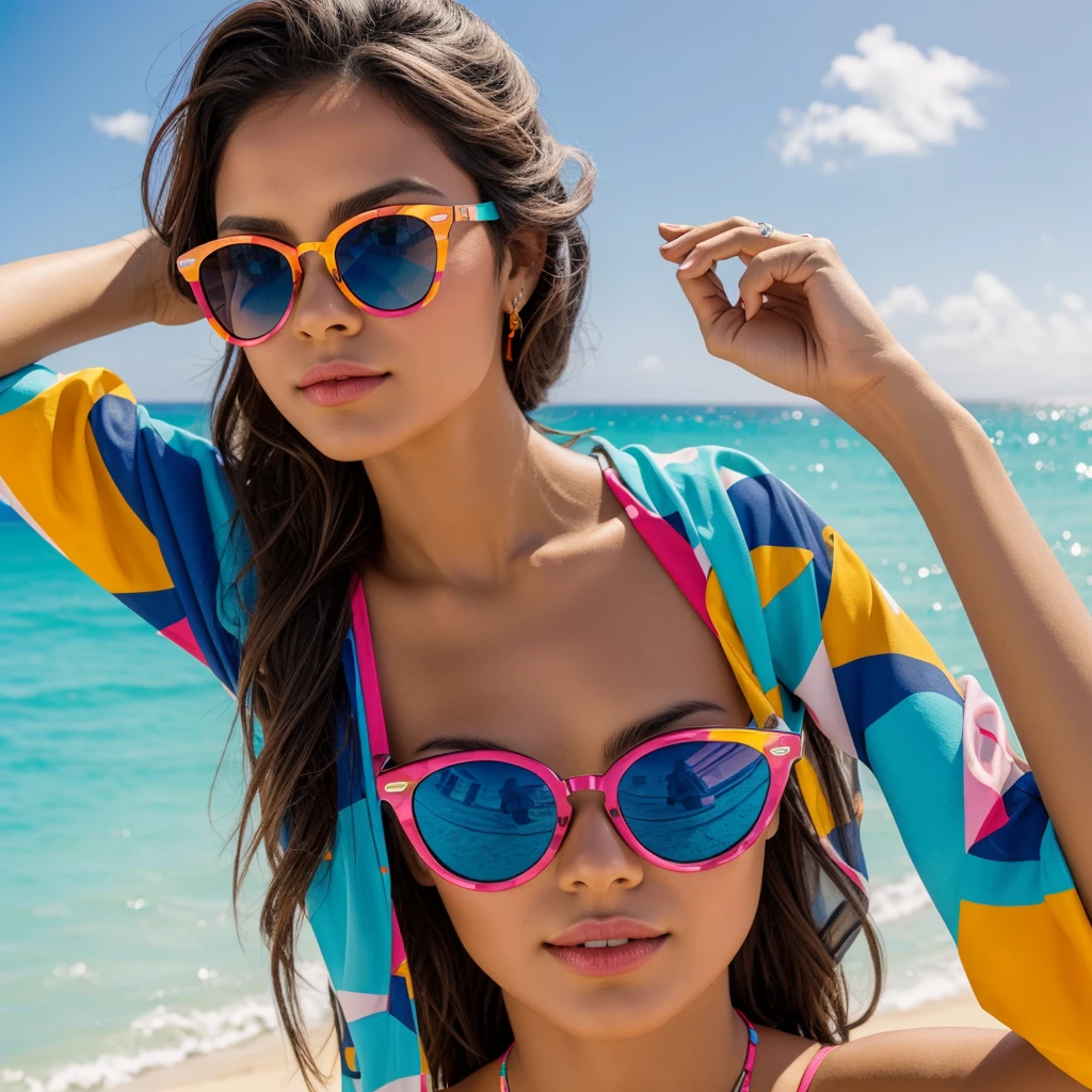 criei uma garota na praia, com um, Mordeno sunglasses, com lentes multicoloridas, wrap style adhesive frame, colorful decal print on frame