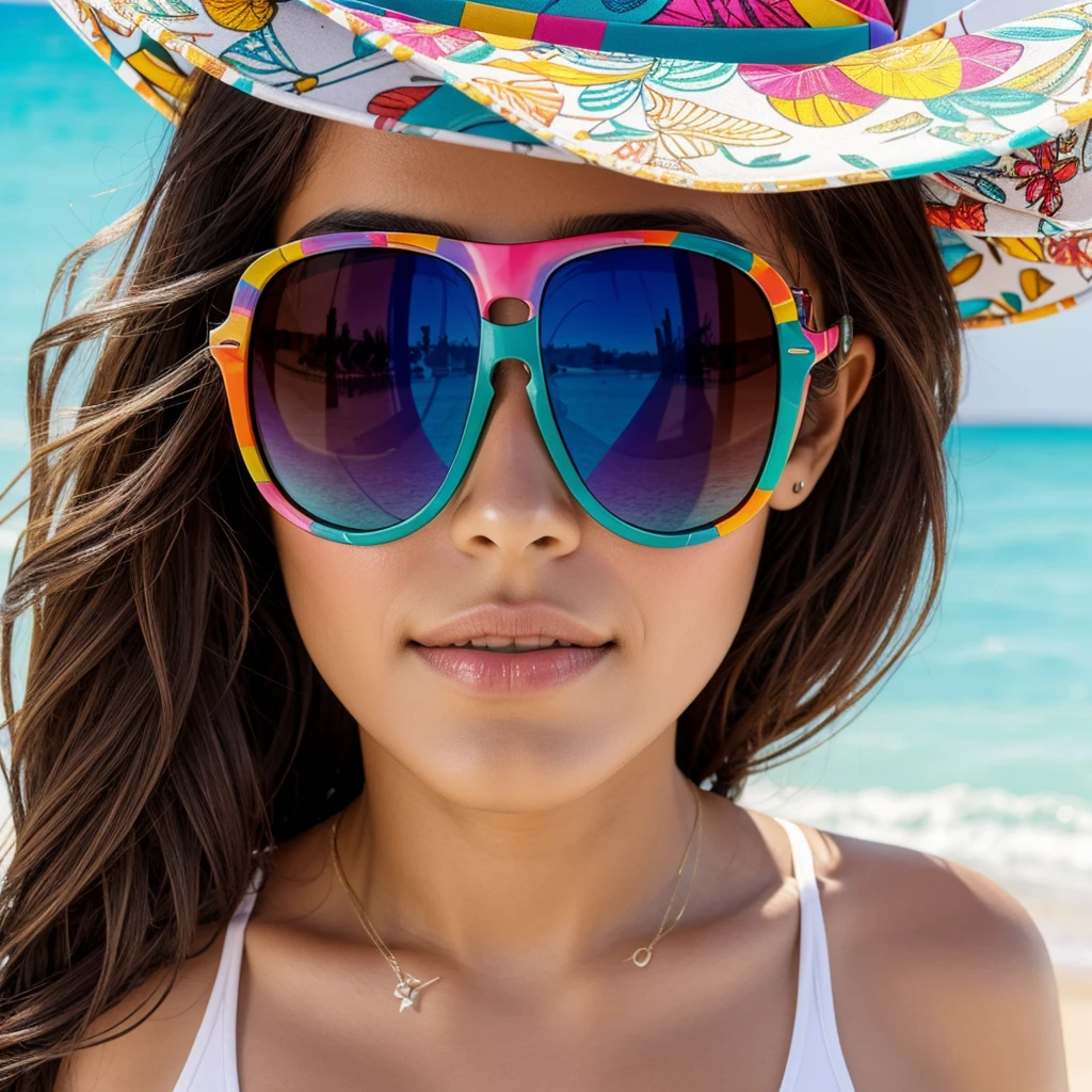 criei uma garota na praia, com um, Mordeno sunglasses, com lentes multicoloridas, wrap style adhesive frame, colorful decal print on frame 