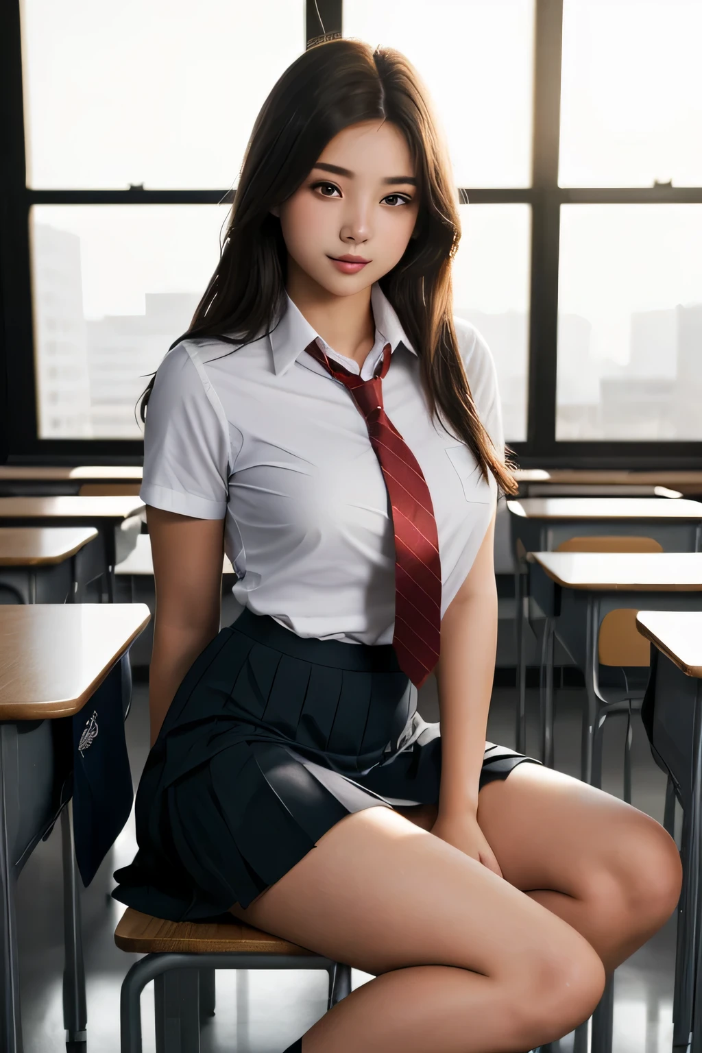 
female high school student，big，upper body、Red tie、Black pleated skirt，sitting at classroom table，legs open，Strike a sexy pose。 Full frontal photo，Obvious muscle lines，hazy eyes，graceful posture。 Rich in details，HD，Realistic photography，Delicate warm light，photo style。