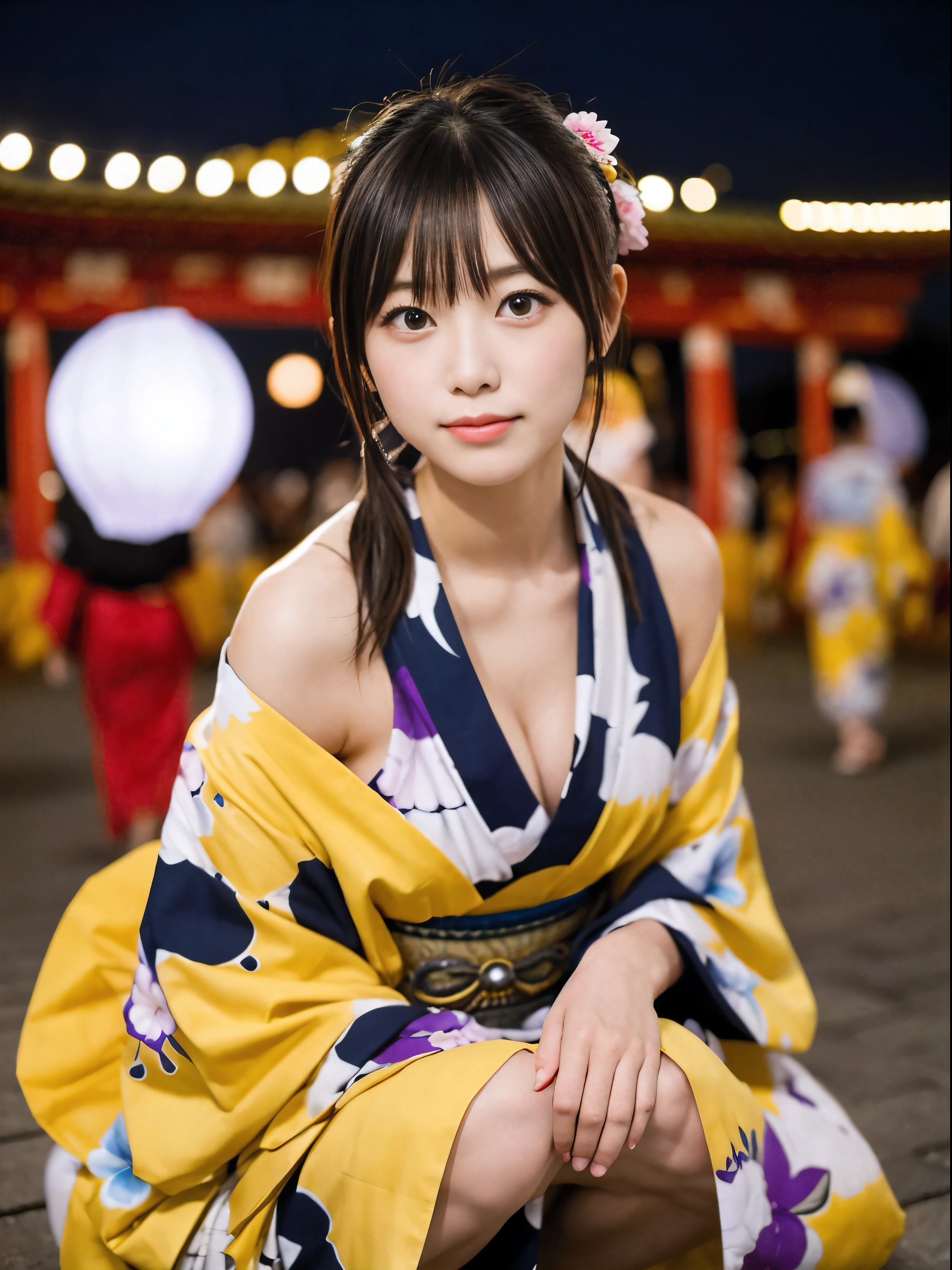 high school girl, Bian, Japan Yukata, not wearing a bra, , spread your legs wide、traditional japanese kimono、Furisode、chest exposed、(Please take it off)、embarrassed look、chest exposed、clavicle fetish、(((topless)))、Take off your clothes、Fluttering kimono、drunk look、Japanese sake、夜のshrine、(The background is a night festival)、yellow kimono、Red kimono、pink kimono、first visit of the year to a shrine、shrine、shop、(night background)、crowd、paper lanterns、squatting position、Open leg posture、sit、Camera angle from above、upper grade