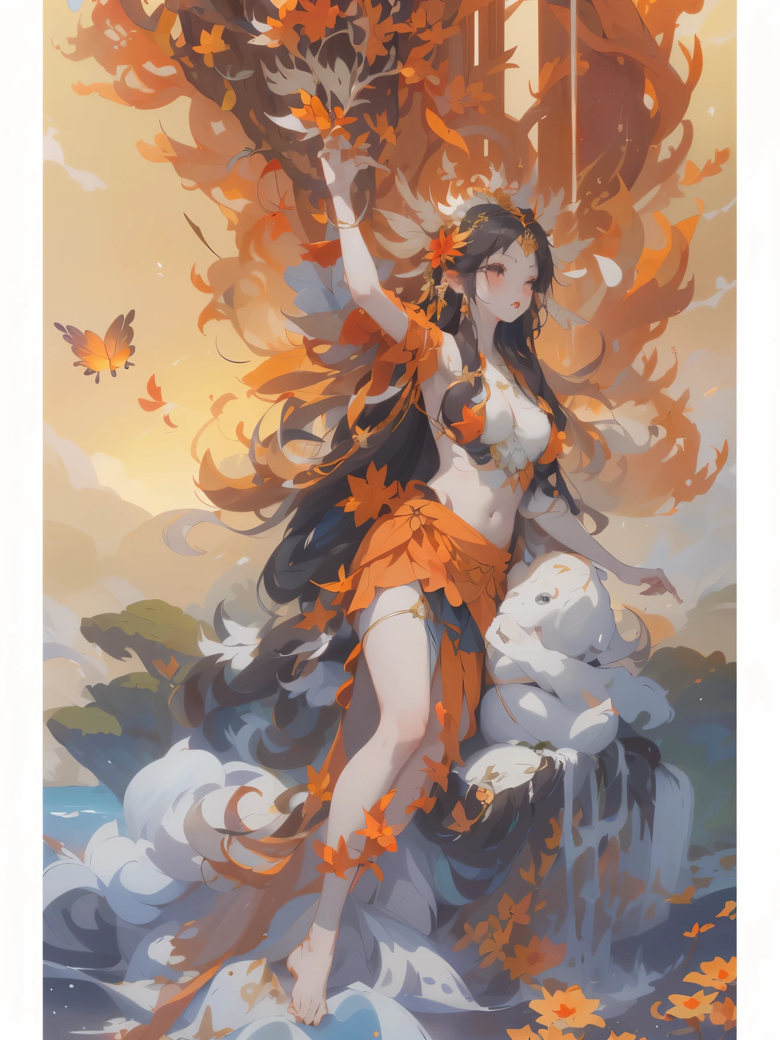 one wearing a skirt、Goddess with hands stretched freely，, the goddess of autumn harvest, the butterfly goddess of fire, guanyin of the southern seas, goddess of autumn, appears as the fire goddess, Queen of the Sea Mu Yanling, Japanese lightning goddess, as the goddess of the sun, summer goddess, goddess of love and peace