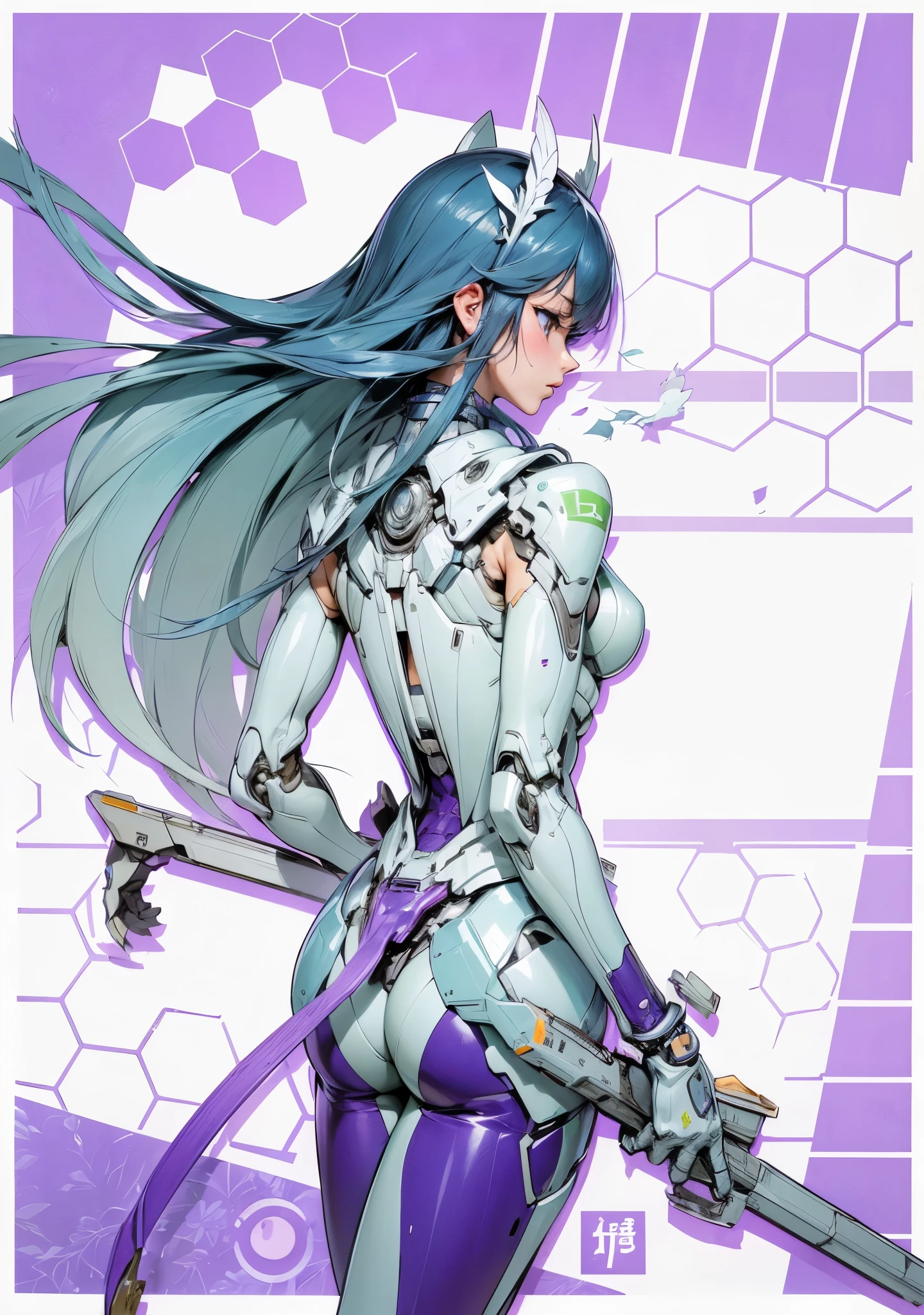 (masutepiece,Extremely detailed, Heavy mechs, hard surface),(concept art:1.1),(Armored Core Style:0.8), A woman wearing ninja robo armor standing,(light purple body:1.1),(long legged:1.1),(equipped with a gun:1.1),(A detailed eye:1.3),(A detailed face:1.3),(Detailed weapons:1.3),(Detailed body:1.3),((full bodyesbian:1.5)),(In the background, leaves are scattered by the wind.:1.5),逼真