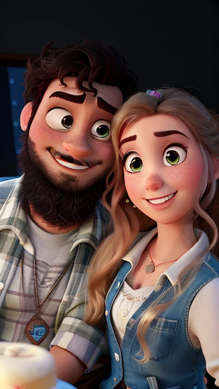 Create in the Disney Pixar style, respecting as much as possible the characteristics of the couple in the photo. he black man has a tattoo on his neck, a maple cap with "NIKE" written on it, a necklace with a pendant of the letter R. She has green eyes, voluminous black eyelashes, wavy orange hair with some dreadlocks of the same color, pink lips, a septum piercing and floral tattoo on right arm.