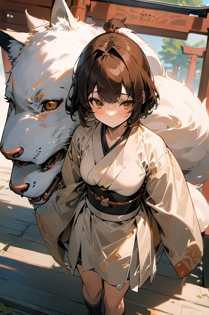 (((masterpiece))),(((bestquality))),((ultra-detailed)),(illustration),((an extremely delicate and beautiful)), fox girl, kitsune, brown hair, fluffy tail, detailed background, samurai outfit, standing in front of a torii gate, holding a katana, short hair, full fringe, tomboy appearance, samurai girl