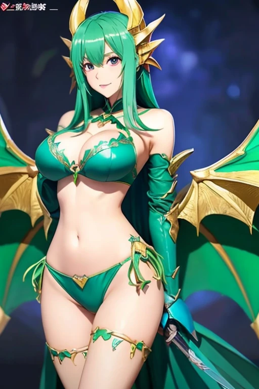 highest quality、anime style、big breasts、thighs、big butt、green hair、blue bikini armor、female、dragon knight、Sex、dragon wings、Dragon's tail、No text