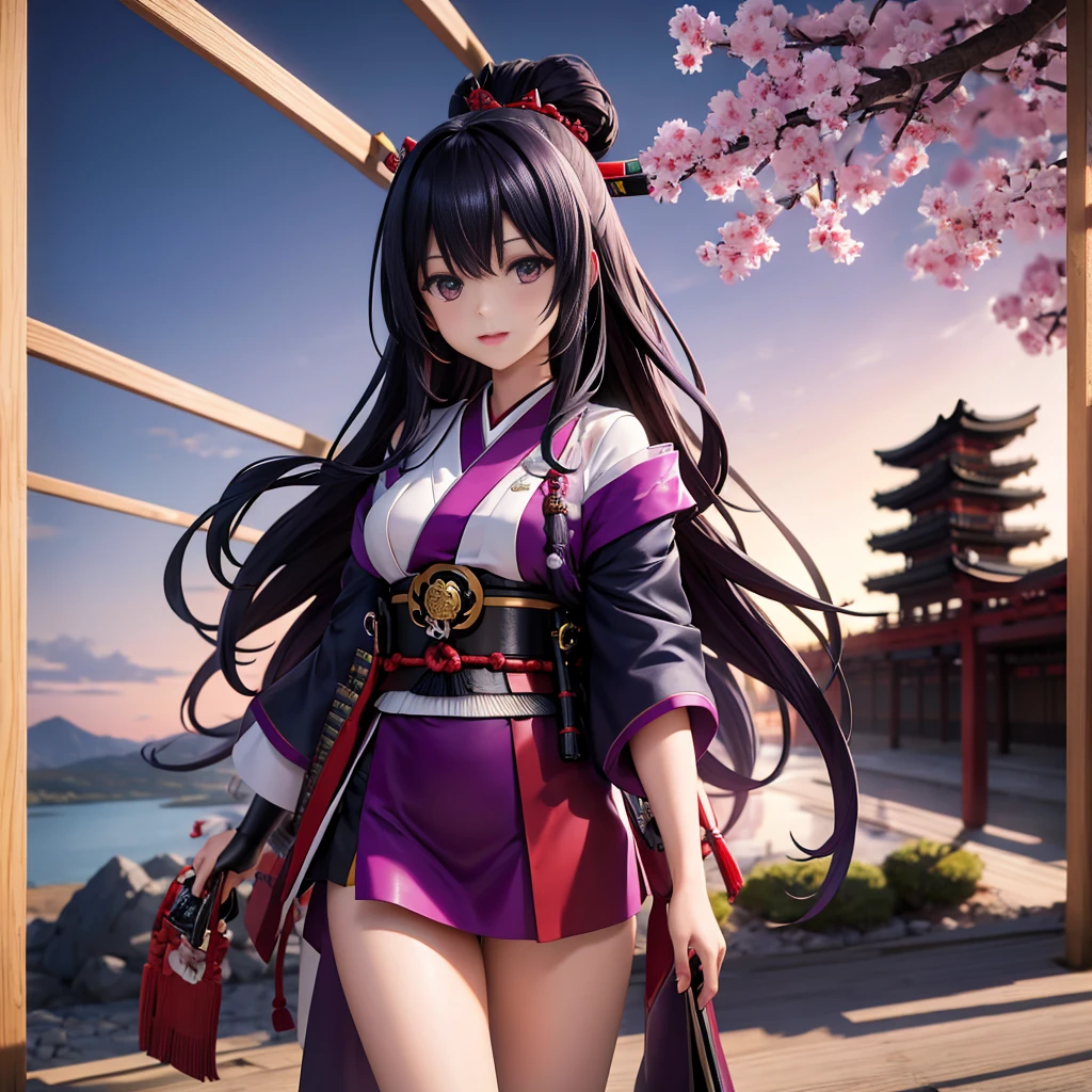 Anime girl standing in a near-future Japanese landscape, samurai figure, hieratic visionary style, dark purple and black, this beauty is incredible, hanging scrolls, characterization, red shift, intertwining materials.