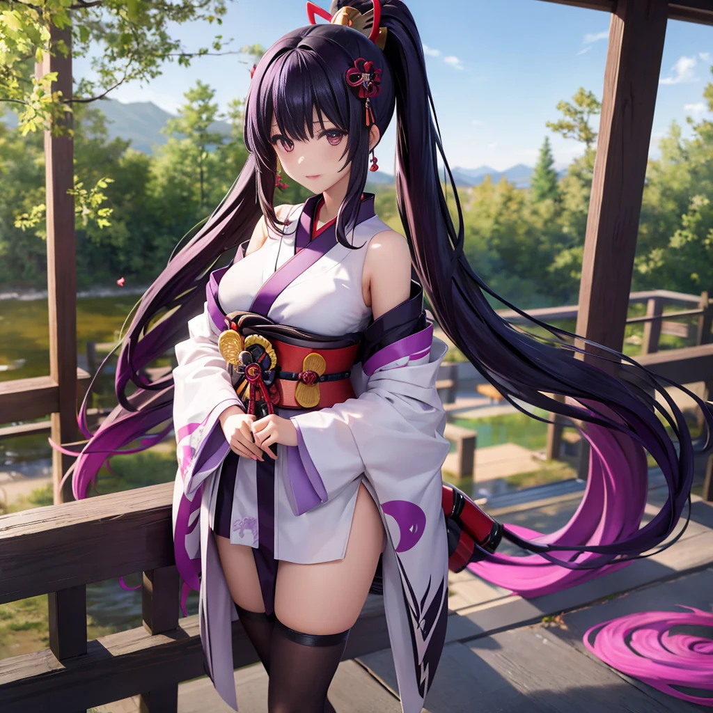 Anime girl standing in a near-future Japanese landscape, samurai figure, hieratic visionary style, dark purple and black, this beauty is incredible, hanging scrolls, characterization, red shift, intertwining materials.