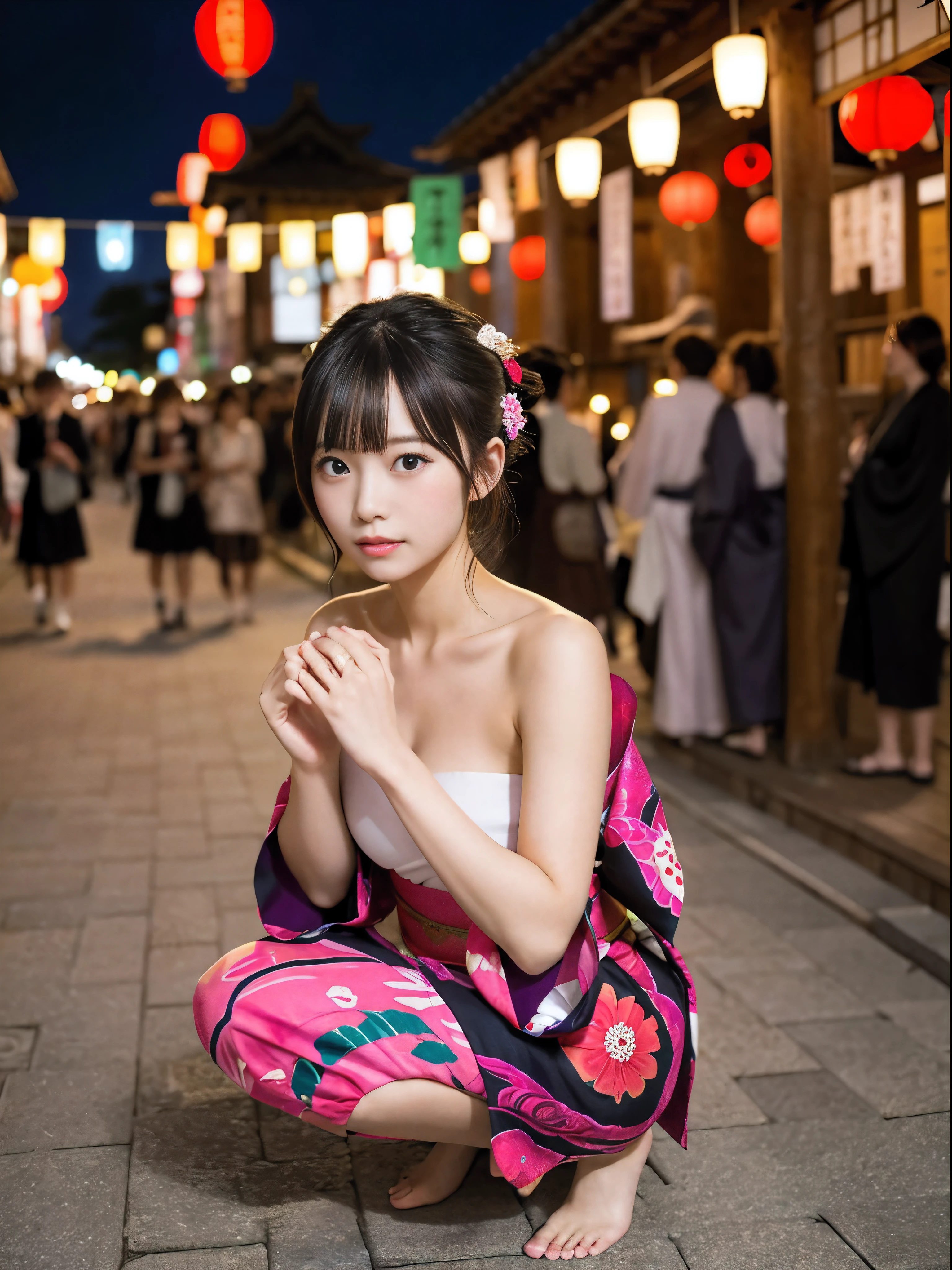 high school girl, Bian, Japan Yukata, not wearing a bra, , spread your legs wide、traditional japanese kimono、Furisode、chest exposed、(Please take it off)、embarrassed look、chest exposed、clavicle fetish、(((topless)))、Take off your clothes、Fluttering kimono、drunk look、Japanese sake、夜のshrine、(The background is a night festival)、yellow kimono、Red kimono、pink kimono、first visit of the year to a shrine、shrine、shop、(night background)、crowd、paper lanterns、squatting position、Open leg posture、sit、Camera angle from above、upper grade