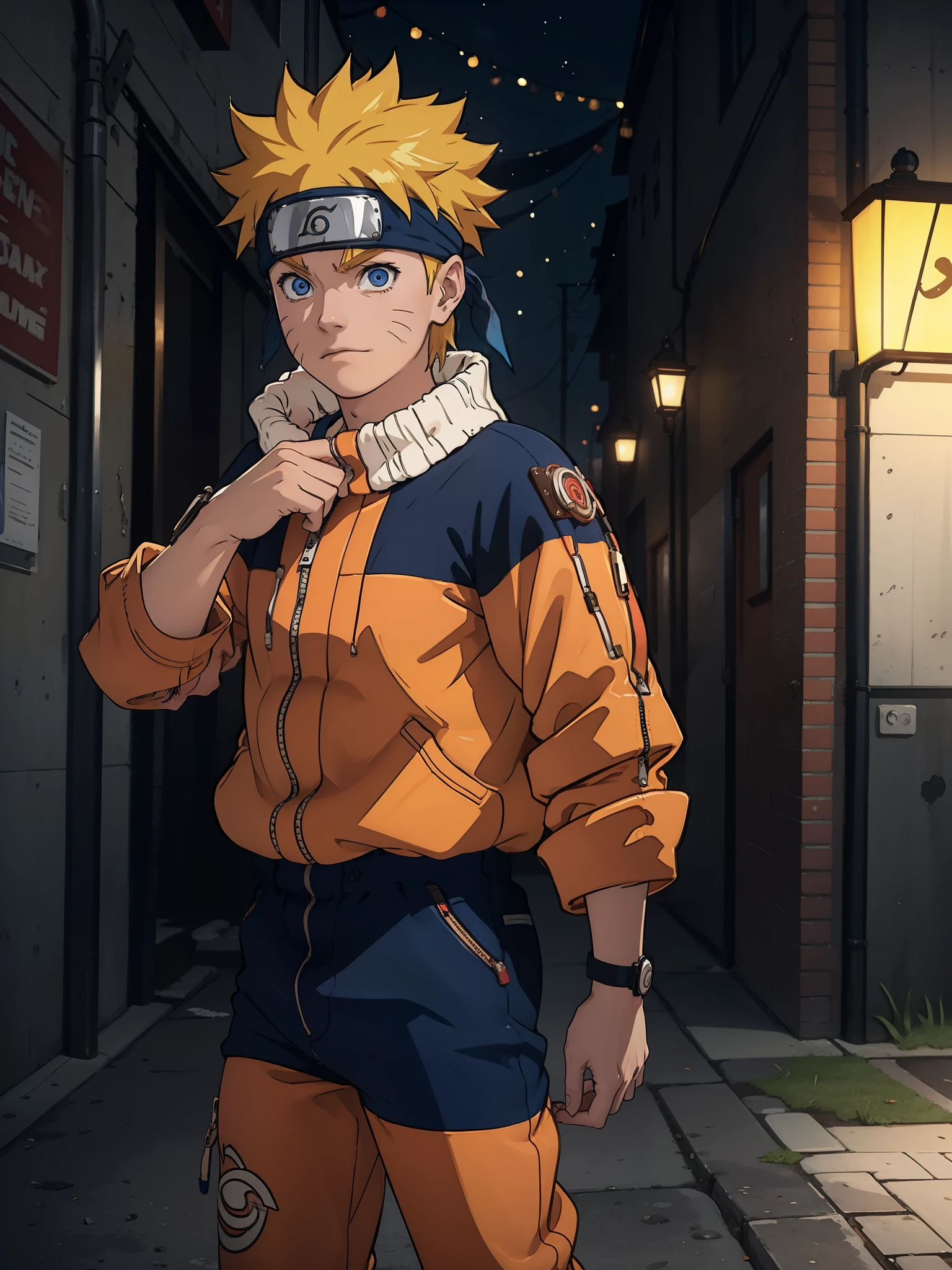 Naruto Uzumaki, 1boy, yellow hairs, wearing a orange Jacket and orange pajama, Blue headband, sky blue detailed eyes, 3D figure, octane rendered, best quality, UHD resolution