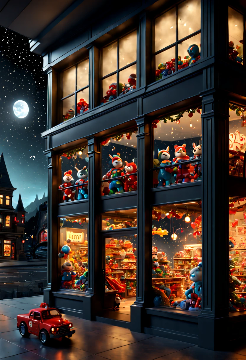 Toy Store, Window Display, night, by Mike Allred, octane render, enhance, intricate, (best quality, masterpiece, Representative work, official art, Professional, 8k wallpaper)