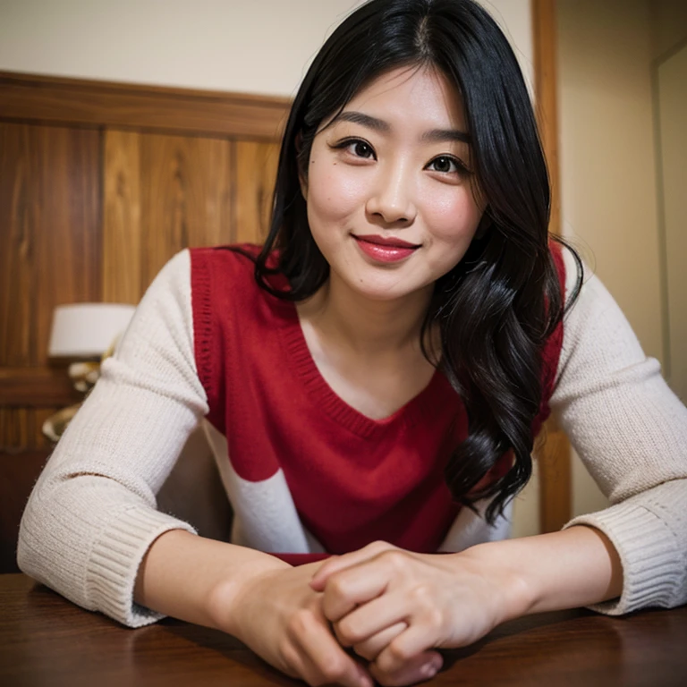 (backwards:1.2)、 (High level image quality、high quality、High resolution、masterpiece、detailed)、(There's a cute girl there)、smile looking at camera、(black hair)、(long hair)、((Chubby:1.3))、((small:1.3))、(Red underwear), (mature woman), (45 years old),(japanese woman)