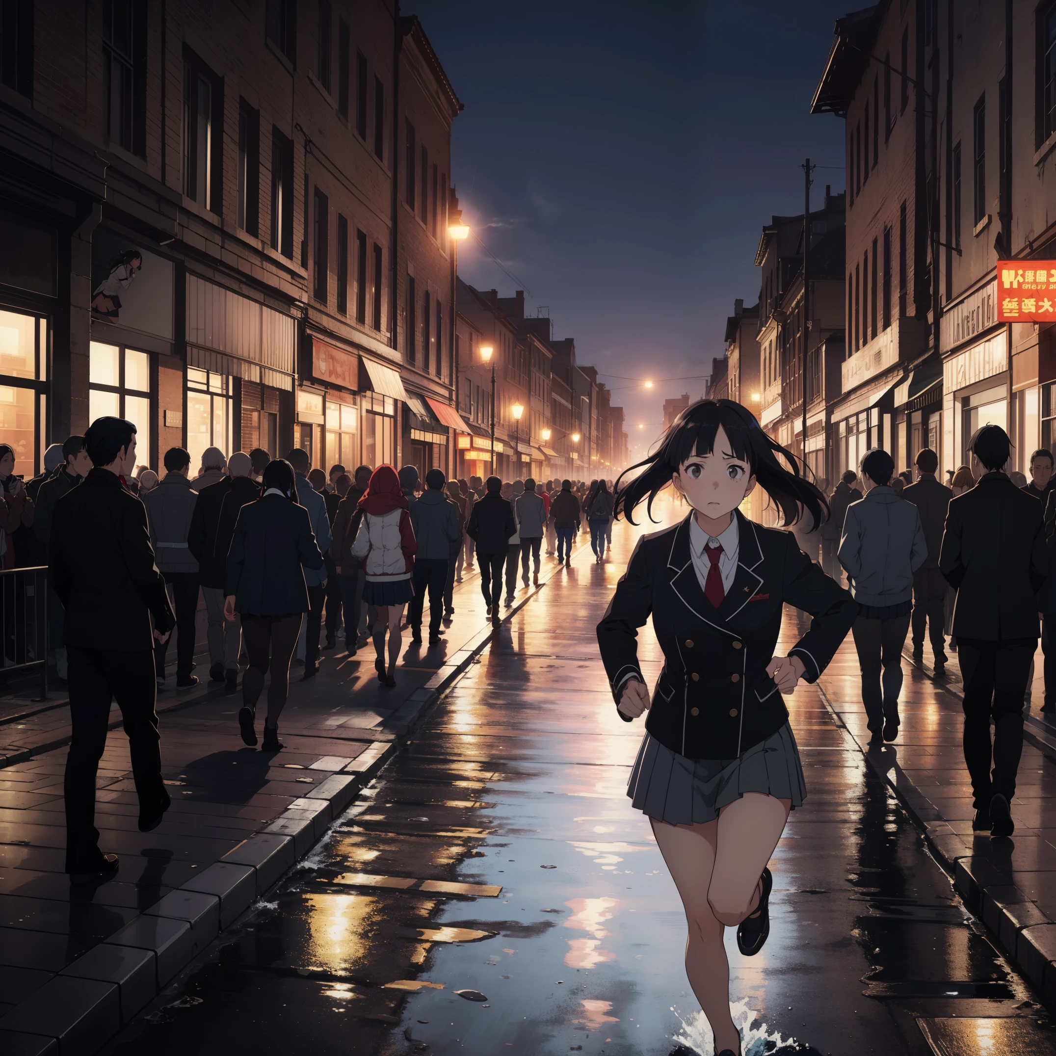 (Beautiful posture), 1Girl,slim, thin, ((black short skirt with pleats)),(((short double-breasted jacket))), (black very short jacket),(fitted clothing) ,a white blouse, (red tie short) ,(Mary Jane shoes),long bangs on face, (straight black hair to waist),gray eyes with a hint of purple, knee-deep portrait, sad, It&#39;s a nasty day, stands in the castle, ((emotion fear)) ,(turns around) , (((running down the street:1.4))) , ((Side view:1.4)) , (((in a dense crowd))), ((waves his hand)) 