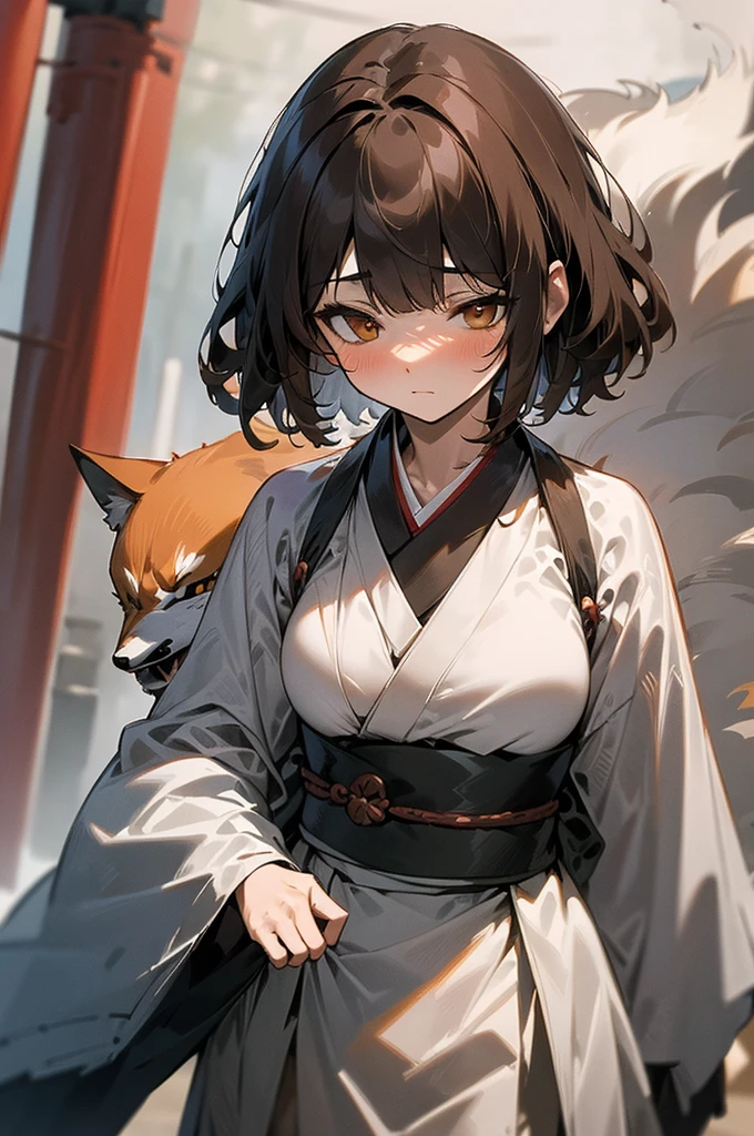 (((masterpiece))),(((bestquality))),((ultra-detailed)),(illustration),((an extremely delicate and beautiful)), fox girl, kitsune, brown hair, fluffy tail, detailed background, samurai outfit, standing in front of a torii gate, holding a katana, short hair, full fringe, tomboy appearance, samurai girl, bloody, hurt, torn clothing