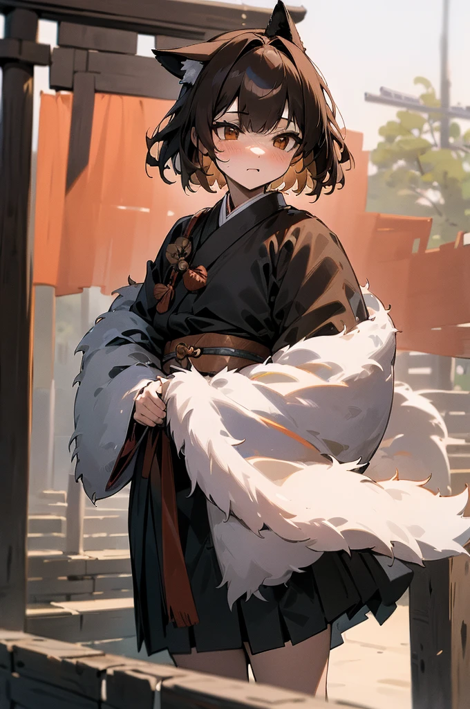 (((masterpiece))),(((bestquality))),((ultra-detailed)),(illustration),((an extremely delicate and beautiful)), fox girl, kitsune, brown hair, fluffy tail, detailed background, samurai outfit, standing in front of a torii gate, holding a katana, short hair, full fringe, tomboy appearance, samurai girl, bloody, hurt, torn clothing