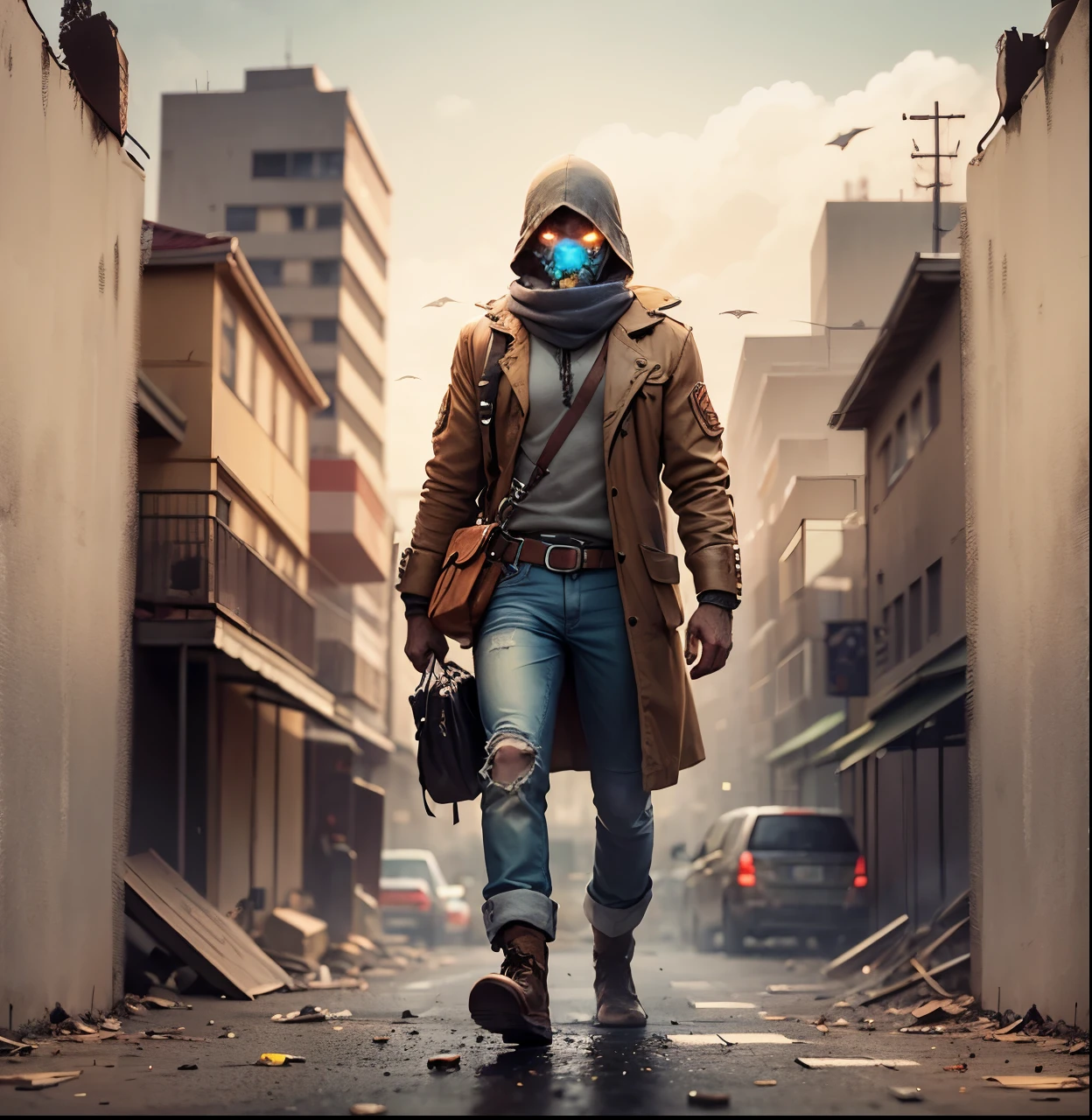 zombie apocalypse, survivor carrying a bag, infront of a hospital, surrounded by zombies, with burning city background --auto --s2