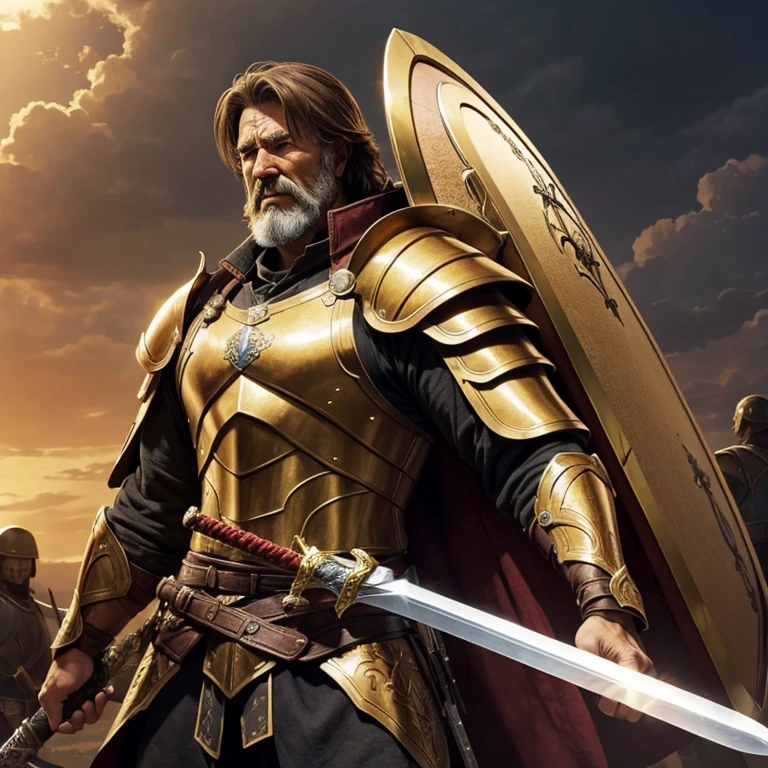 A old man warrior with light brown hair and huge shield and a sword, and very big Golden armor stand