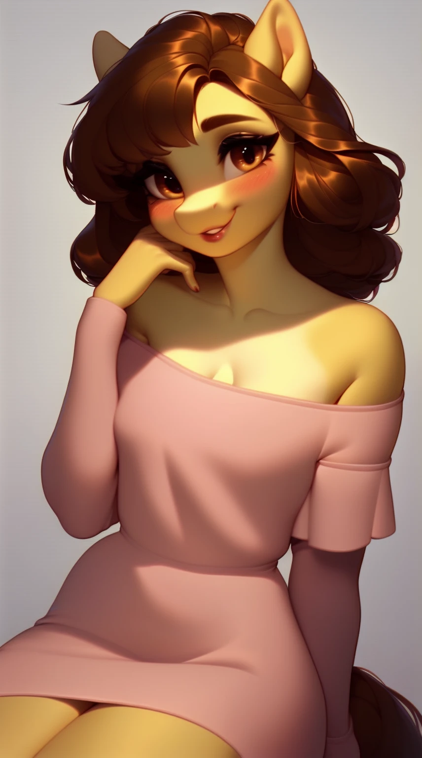 (score_9), (source_ derpibooru_p_95), (earth pony), ((anthro oc pony:1.1)), (shoulderless cute dress), adorable, blushing, cute smile, solo, realistic long brown hair, bangs, anatomically correct, flat chest, solo, curvy figure, cute, high res, bottom lip, collarbone, extremely detailed, 