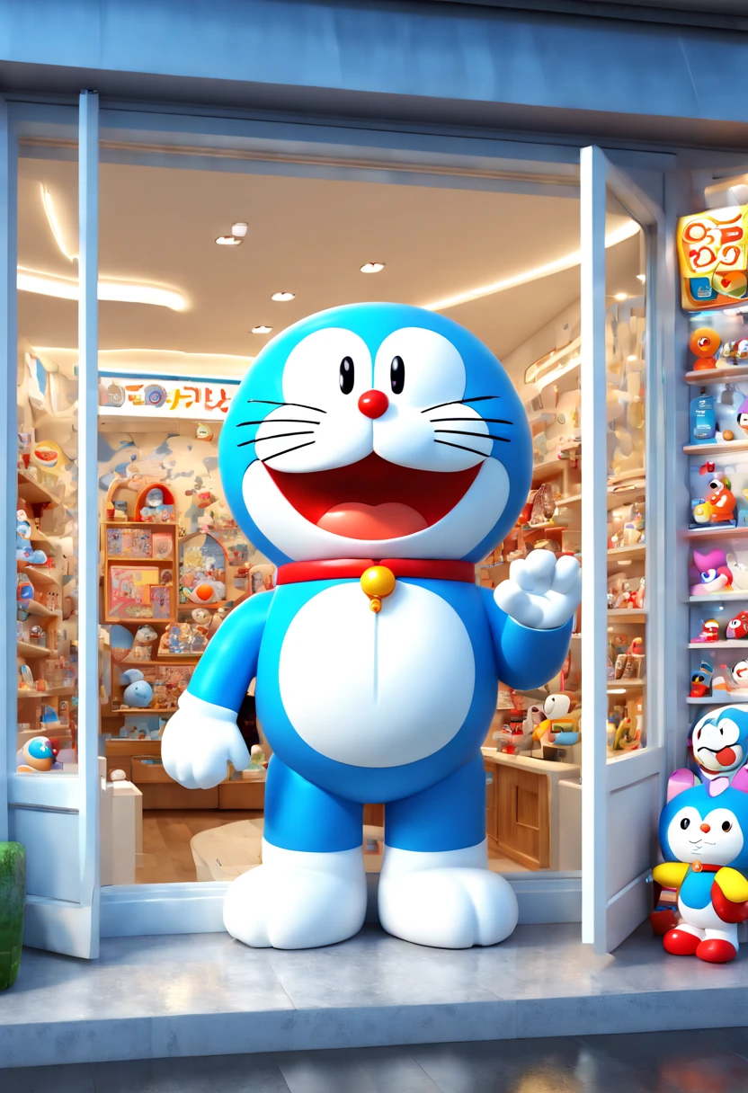 cartoon "Doraemon", Toy Store, Window Display, octane render, enhance, intricate, (best quality, masterpiece, Representative work, official art, Professional, 8k wallpaper:1.3)