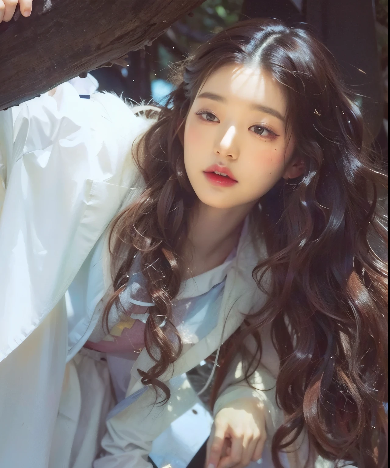 arafed woman con pelo largo y rizado leaning against a tree, por Zhang Han, por Wu Bin, chen xintong, ulzzang, gongbi, primera ola, con pelo largo y rizado, por Xia Yong, por Ni Tian, Jinyoung Shin, jaeyeon nam, heonhwa choe, por Ye Xin, ruan jia hermosa!