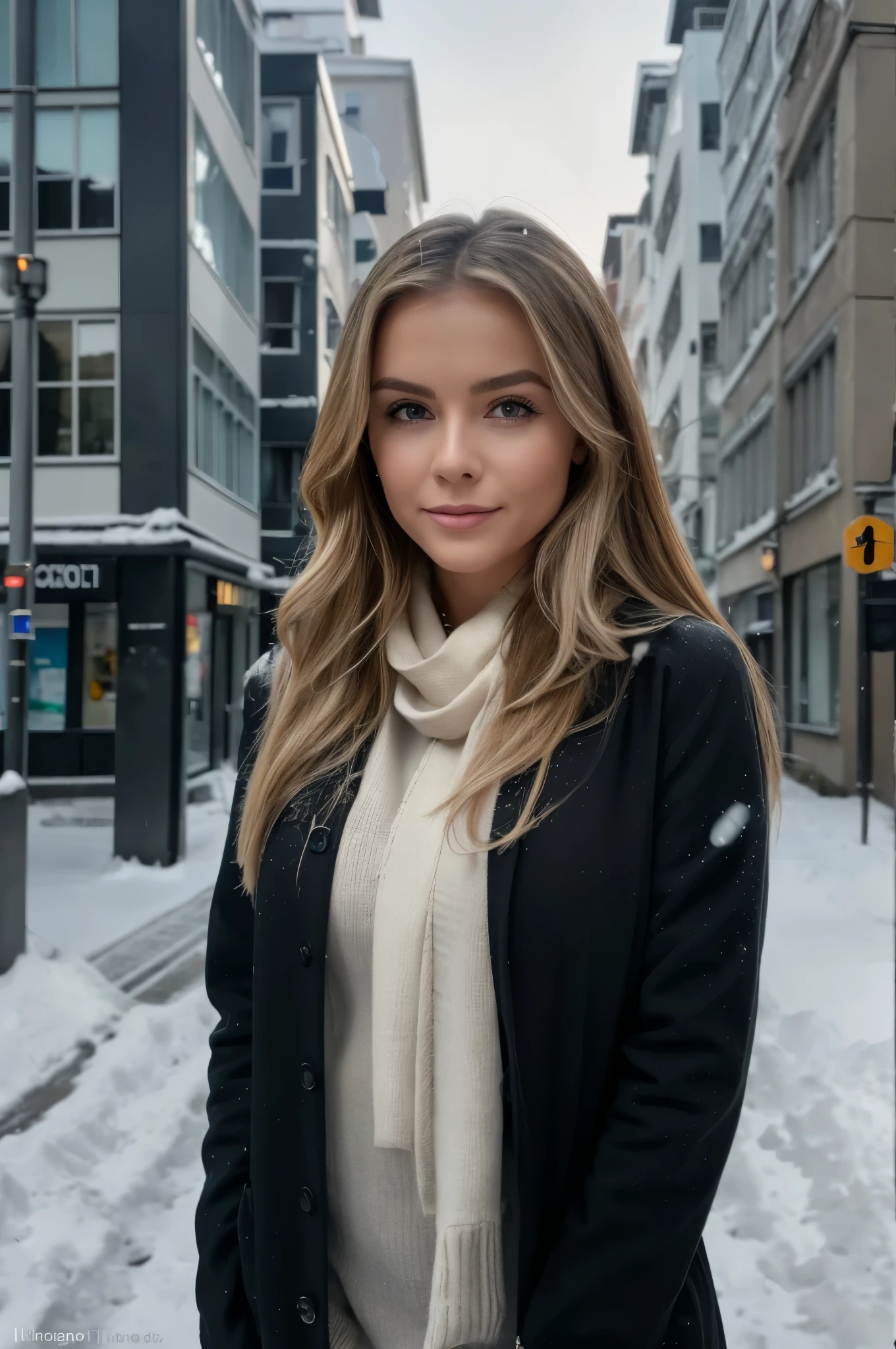 Create a professional portrait photo of a beautiful Norwegian girl in spring clothes, mit langen gewellten blonden Haaren, gebunden zu einem Bun, Smiling look, Sommersprossen), Augen minimal zusammengekniffen, Beautiful symmetrical face, cute natural makeup, sie ist 25 jahre alt, elegante, Wear spring fashion, ((Standing outside on the Danish city street)), atemberaubende moderne Umgebung, ultra realistisch, Konzeptzeichnung, elegant, highly detailed, kompliziert, Scharfer Fokus, depth of field, f/1. 8, 85mm, Mittlerer Schuss, Mittlerer Schuss, (((Professionell farblich abgestuft))), helles, weiches, diffuses Licht, (Volumetrischer Nebel), Auf Instagram im Trend, HDR 4K, 8K