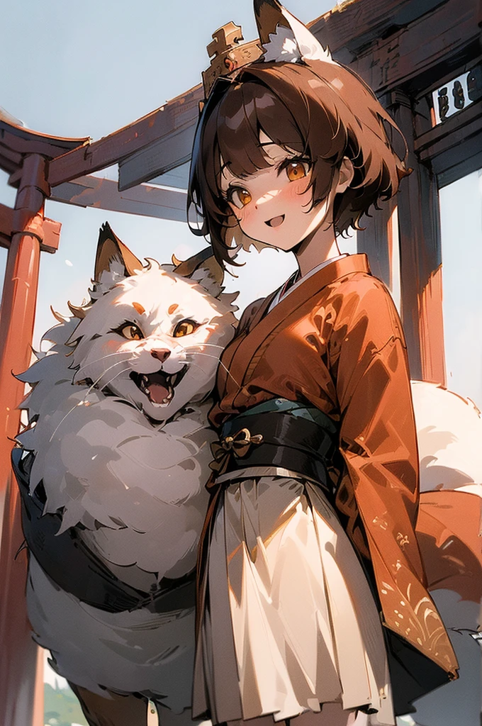 (((masterpiece))),(((bestquality))),((ultra-detailed)),(illustration),((an extremely delicate and beautiful)), fox girl, kitsune, brown hair, fluffy tail, detailed background, standing in front of a torii gate, short hair, full fringe, tomboy appearance, happy new year, dragon costume, year of the dragon, celebration, happy expression