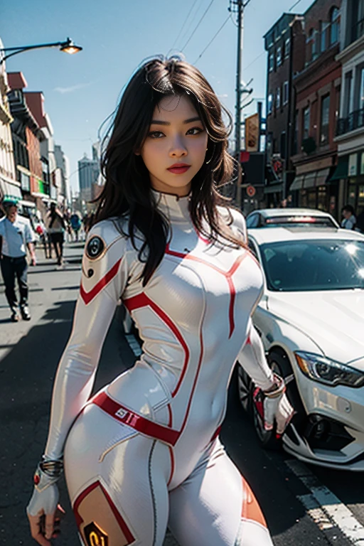 (best quality,8k,highres,masterpiece:1.2),(ultra-detailed,realistic:1.37), (CG Unity with extreme details in textures, CG Unity with vivid colors), (dramatic lighting, cinematic shots), (a girl, wearing a white Spider-Man suit, from a parallel universe, striking a dynamic pose with the city skyline in the background), (outstanding details, exceptional lighting, wide-angle shotceptional rendering, standing out among similar products)