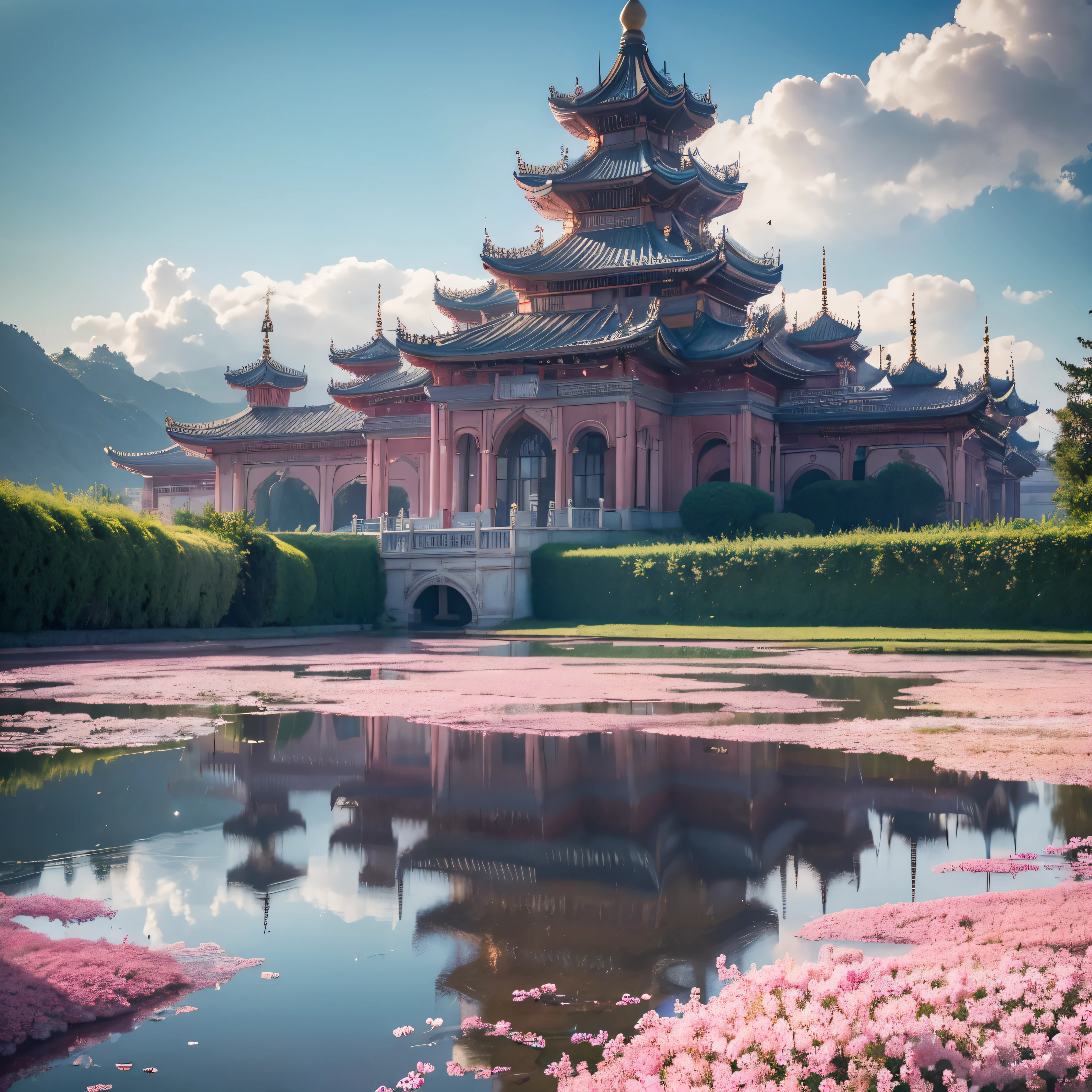 The magnificent Crystal Palace above the clouds。The palace full of pink flowers,It's cloudy all around,tap water。pink flower,atlantic story,Dream,Clouds and fog,Animation style,宫崎骏动画Light效果,Movie details,art trends,8k,Yevgeny Rusipin,HD --AR 9:16--upLight-by@Mary 09()enlarge(Light)