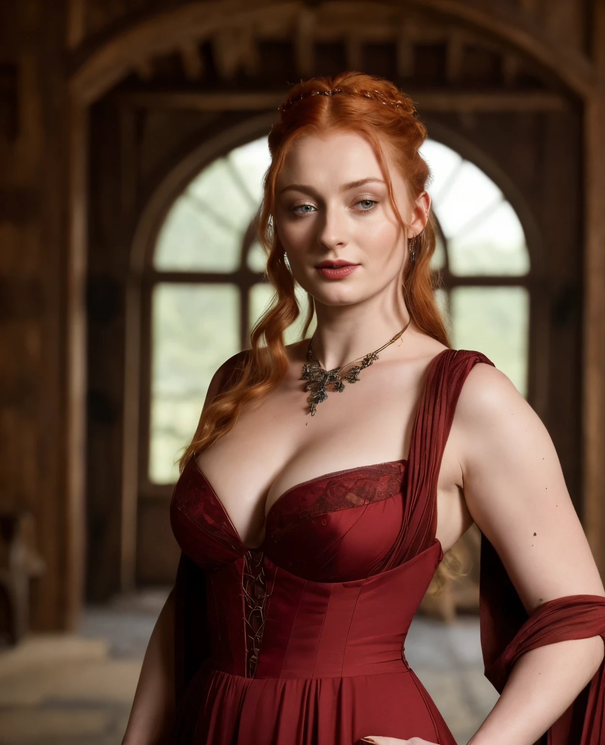 Sophie Turner, the de facto Lady of the Eyrie, is a 40-year-old mature queen with a stunning, alluring appearance. Full Face, reddish lips, upper body shot, erotic Mediaeval costumes, game of thrones costumes, She wears a Game of Thrones-inspired costume and has a deep cleavage, a perfect thick body, and a perfect thick figure. The photograph captures her in a close-up, with her skin texture and facial features being ultra-realistic and realistic.