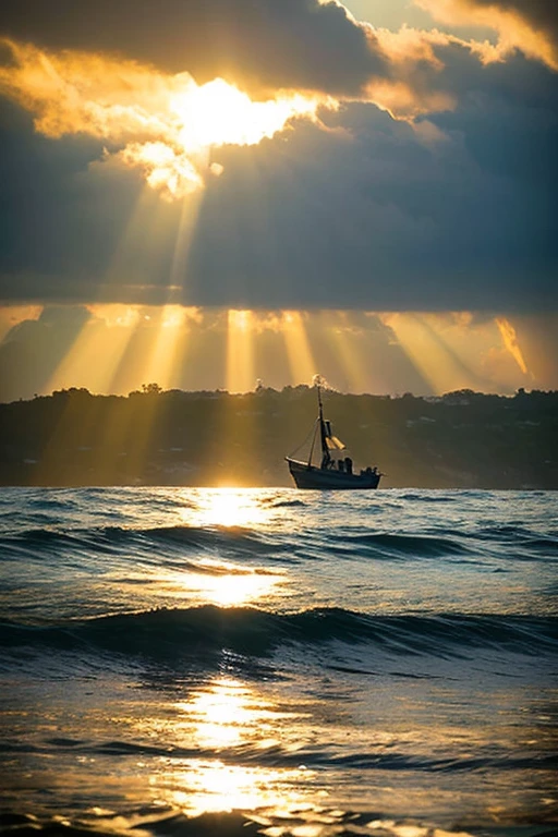 In the sea where the waves were high due to a storm、A small boat is floating。Beyond the horizon, the sun's rays are shining with hope.。
