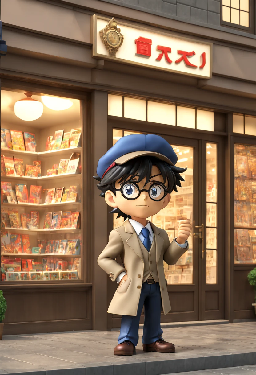 JimmyKudo in cartoon "Detective Conan", Toy Store, Window Display, octane render, enhance, intricate, (best quality, masterpiece, Representative work, official art, Professional, 8k wallpaper:1.3)