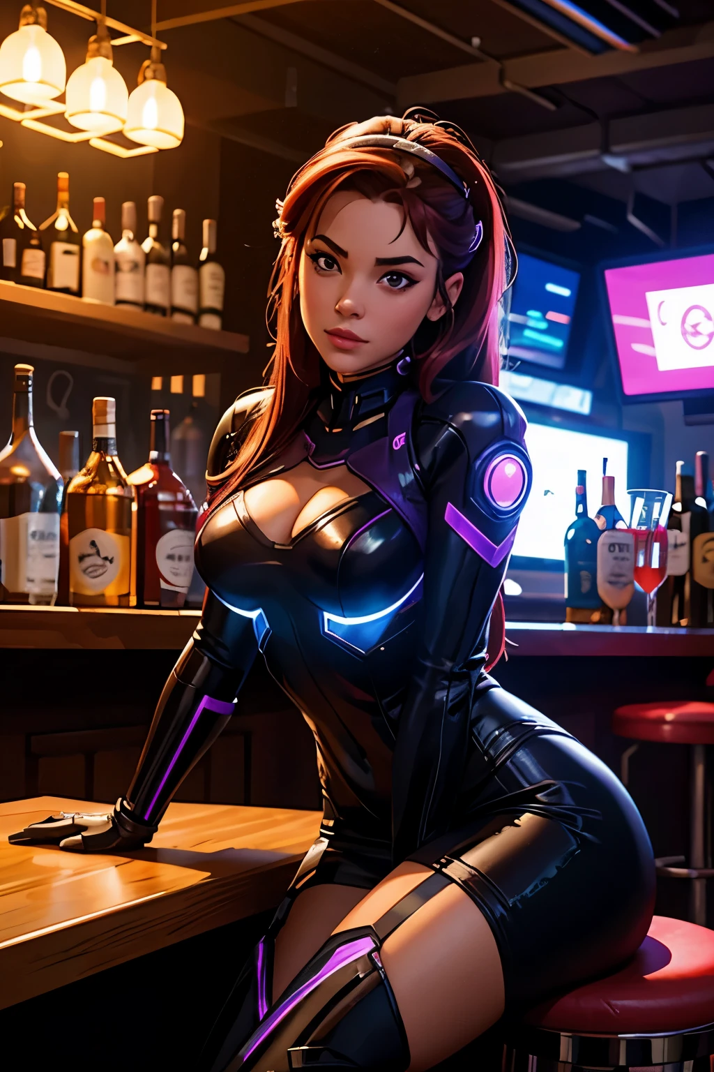 cyber girl sitting in the bar and waiting some one will invite her for drink.