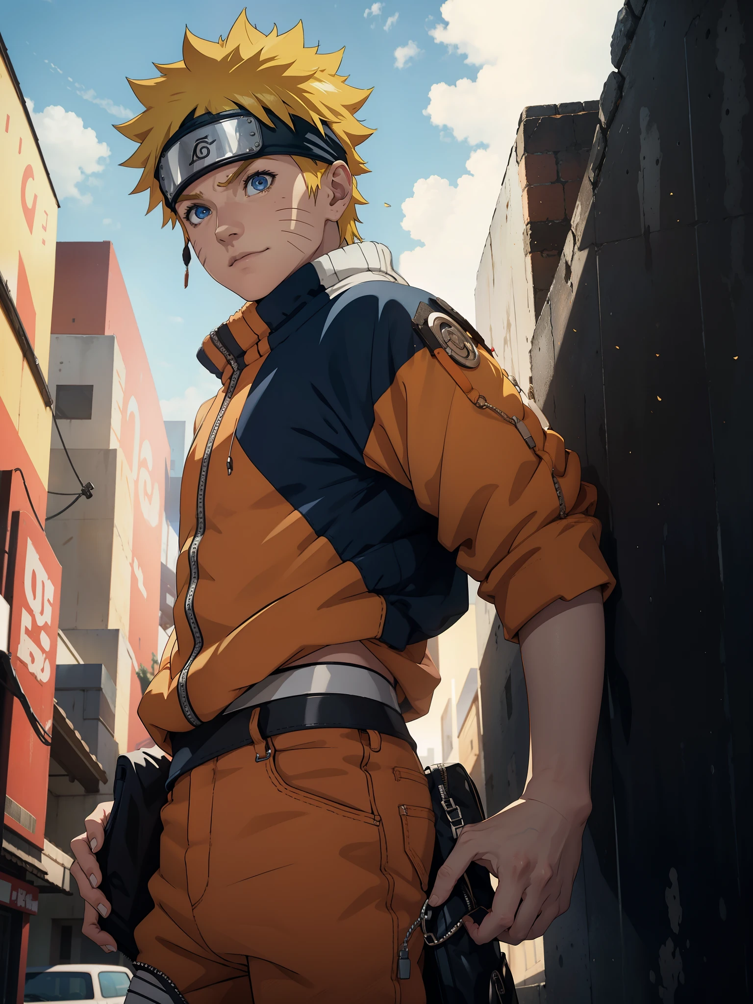 Naruto Uzumaki, 1male, yellow short hairs, wearing a orange shirt and black pants, sky blue detailed eyes, 3D figure, octane rendered, best quality, UHD resolution