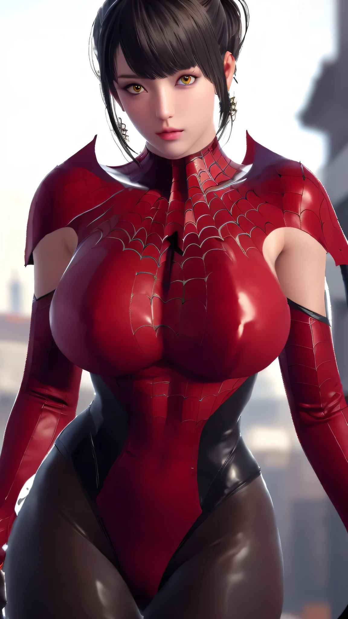 （（（blonde hair, Bangs, hair accessories, ponytail, yellow eyes,  orange eyes,  hair between eyes,（（（Denia，spider man，spider man服装，spider tights，(red cloak:1.2), ））），（（（wide hips））），S-shaped body:1.7））），((masterpiece)),high resolution, ((Best quality at best))，masterpiece，quality，Best quality，（（（ Exquisite facial features，looking at the audience,There  light in the eyes，Ha ha，confidence ））），（（（Light and shadow interlace，huge））），（（（city background，赛博city background）））