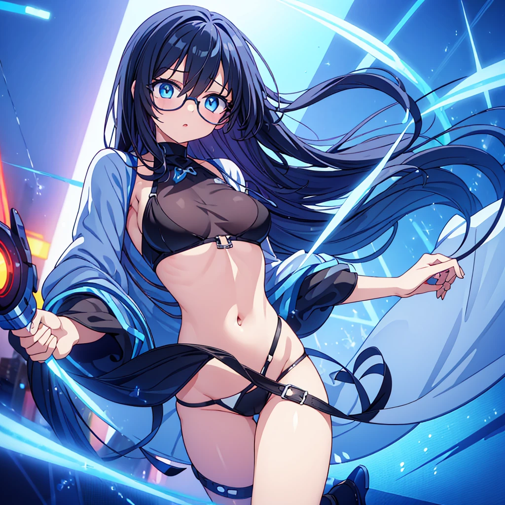 Illustration of a beautiful girl with glasses and long straight black hair wearing a underwear bra (light blue) with a pounding heart while changing.