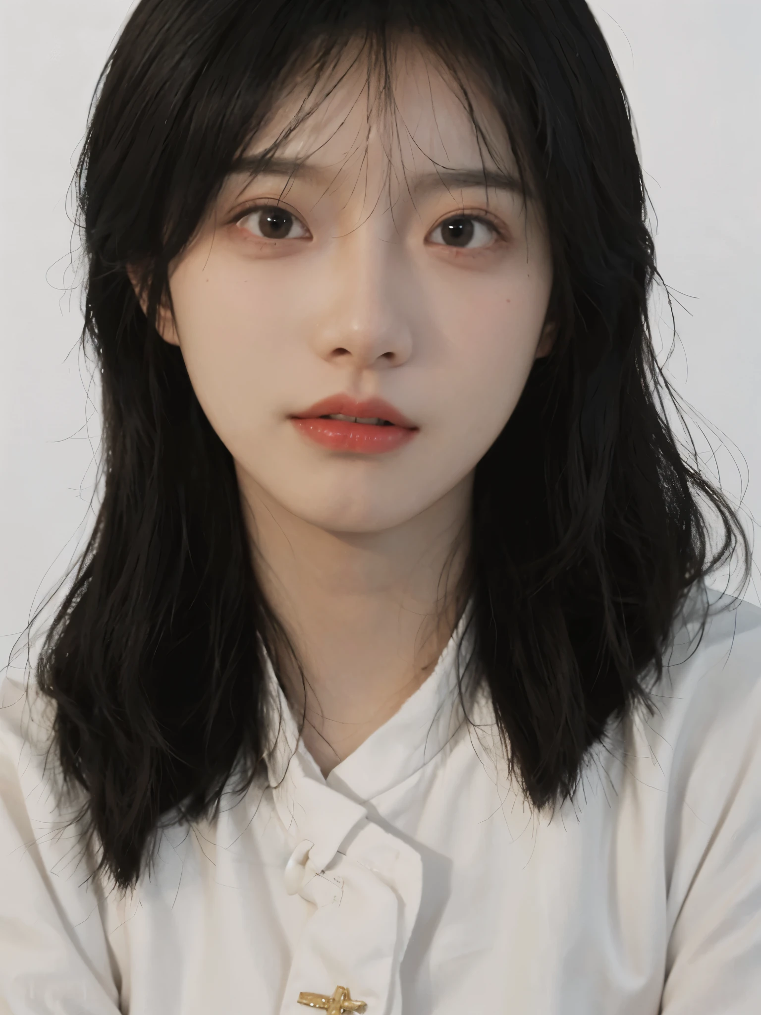 best quality, ultra high resolution, White background,(realistically:1.4), girl, A pair of eyes as clear as snow,Royal sister,Black long straight, looking at the audience, close up ,