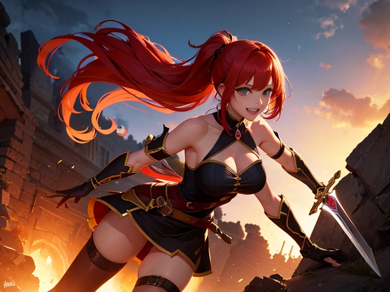 masterpiece 最high quality high quality 1Man Cute Woman fantasy adventurer Inside the dungeon Inside the ruins Attack with a two-handed sword Slashing jump Princess Knight older sister battle effect smile Uplifting red hair dynamic angle ponytail Very big breasts