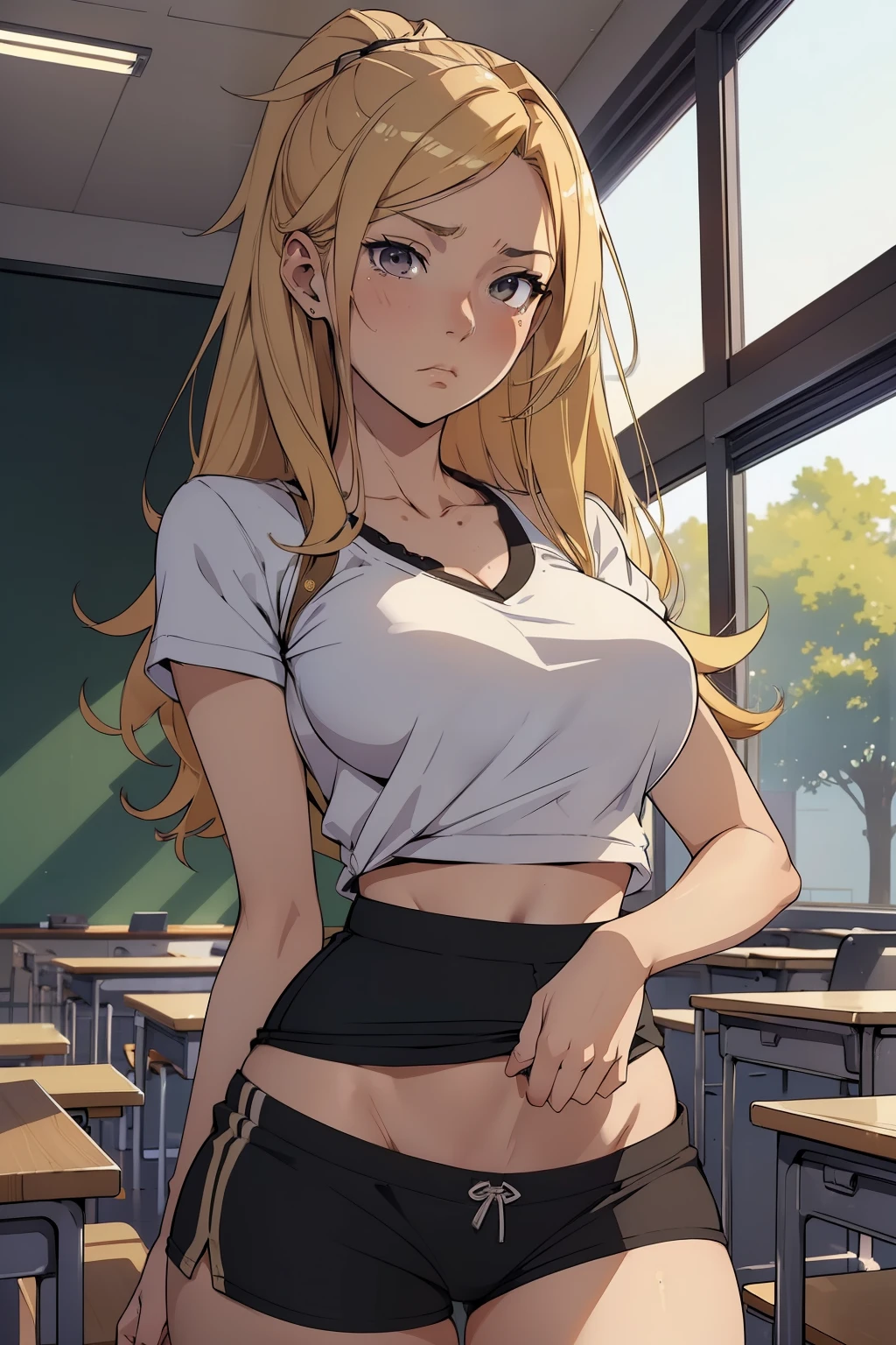 ((masterpiece)), ((best quality)), (ultra-detailed), ((sexy)), (ero), anime style, in the classroom, office, a cute girl, 1girl, solo, gym shorts, beautiful gold hair, beautiful black eyeeautiful eyeuttocks, wearing underpants, ashamed, troubled expression