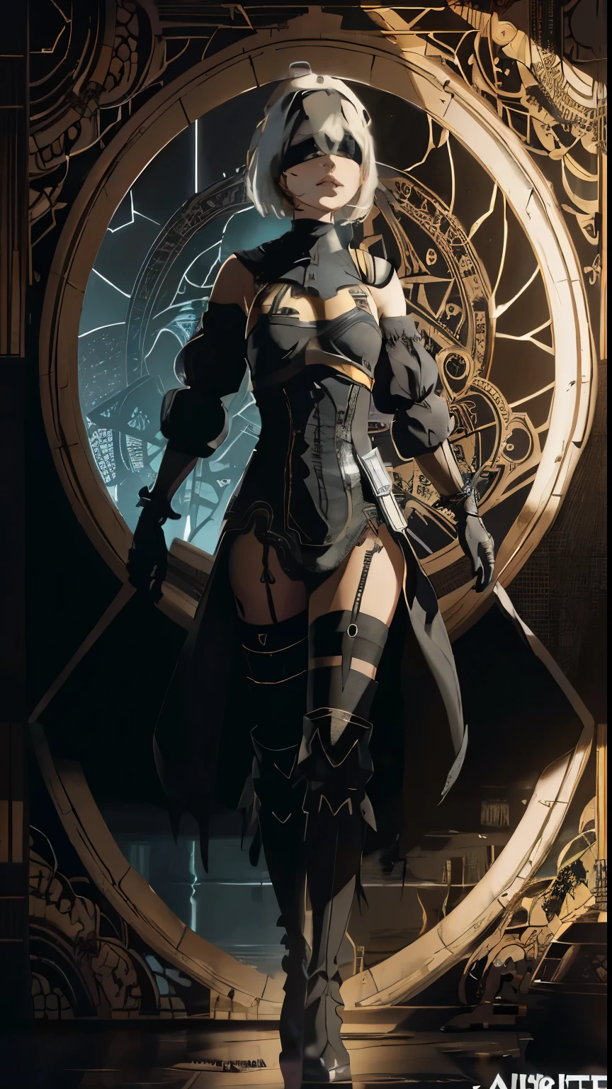 Eine Frau in einem schwarzen Outfit, who holds a sword and stands in front of a clock, 2b Nier automata, Nier 2 b, film still of 2b Nier automata, 2b, 2 b, Nier automata concept artsyle, epische exquisite Charakterkunst, Nier : Von Automaten inspiriert, Nier:Von Automaten inspiriert, Stil von Raymond Swanland