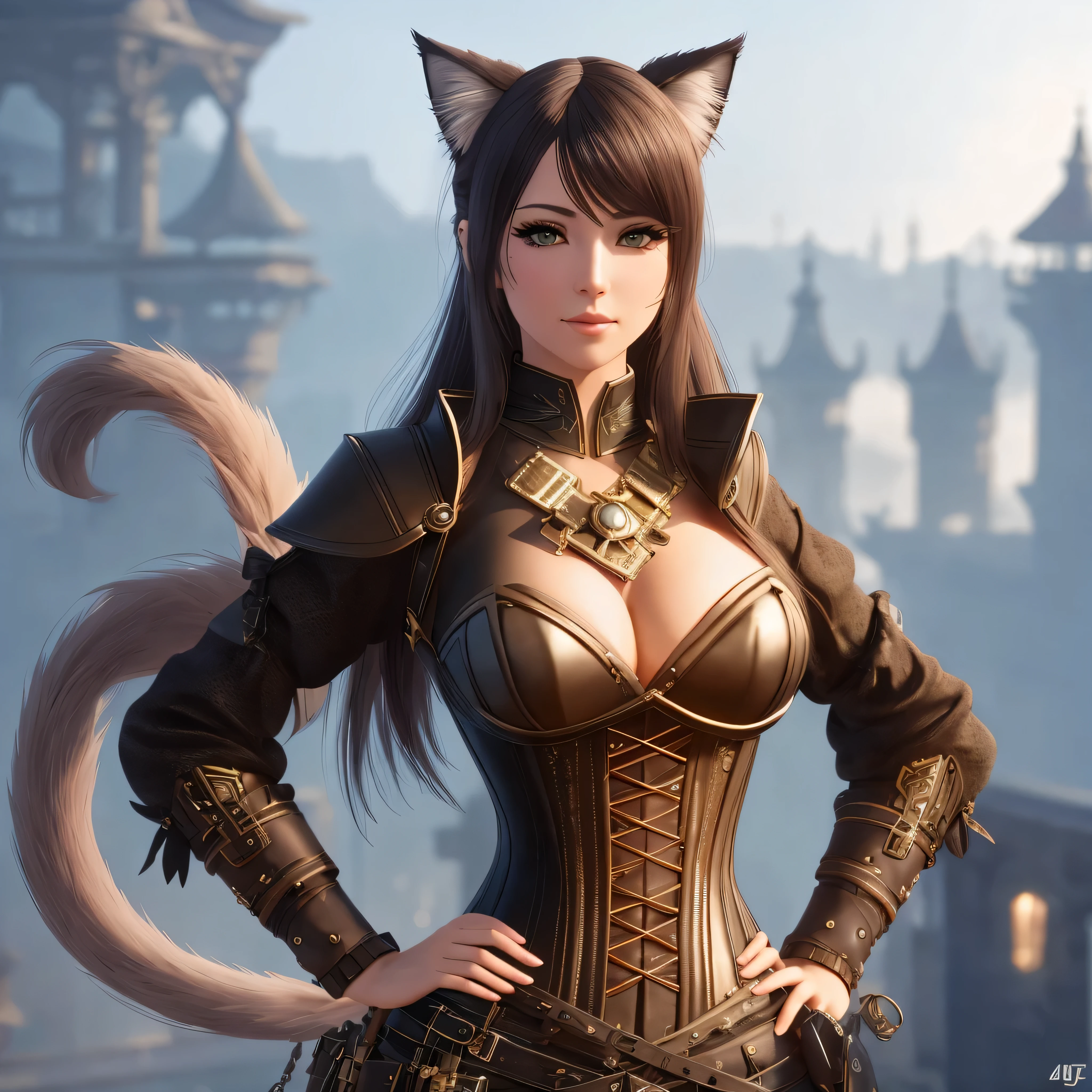 a close up of a woman in a corset with a cat tail, unreal engine character art, beautiful young catgirl, portrait of a steampunk catgirl, attractive cat girl, artgerm ; 3d unreal engine, unreal engine fantasy art, stunning character art, hyperdetailed fantasy character, female character, epic exquisite character art, small character. unreal engine 5, CABELOS E CAUDA PRETA , COM SEIOS ENORMES E SEXY Decote rendado E LINDOS