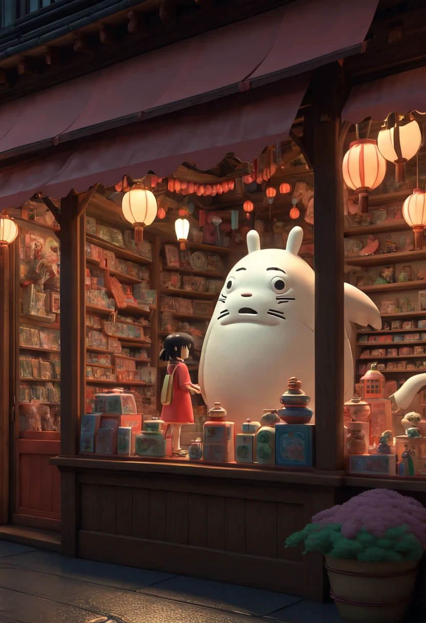 cartoon "Spirited Away", Toy Store, Window Display, octane render, enhance, intricate, (best quality, masterpiece, Representative work, official art, Professional, 8k wallpaper:1.3)