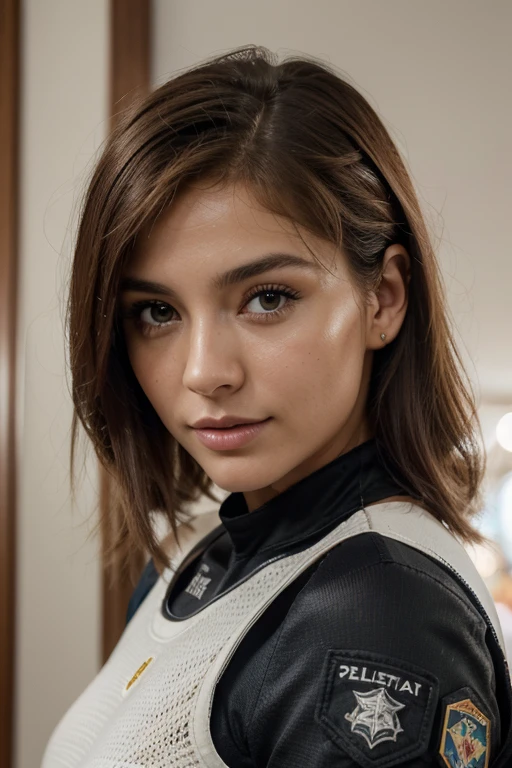Breathtaking cinematic photo of a 30 year old girl with By the chestnut and Brown eyes, feliz, happy expression, boca cerrada, hermoso lips, detalles intrincados, Poca profundidad de campo, muy detallado, alto presupuesto, epic hollywood movie, gorgeous, obra maestra, premiado, profesional, muy detallado, textura de piel detallada, (rubor: 0.5), (piel de gallina: 0.5). (the most hermoso woman in the world) (By the chestnut) (pelo corto y rizado, Cabello salvaje, corte elegante) cara delgada, nariz fina, hermoso, very hermoso, perfecto face, esbelto body (esbelto), (By the chestnut) (Brown eyes ) (piel blanca) cuerpo hermoso, cara occidental, ojos depredadores, Labios rosados, muslos gruesos. cuerpo completo, belleza occidental, nariz fina, hermoso, perfecto, ((Mejor calidad)), ((Ultraresolution)), ((fotorrealista: 1.4)), (detalles intrincados), perfecto face, constituir: 1.5 , cara clara, Detalles faciales. vista frontal ((uniforme, tactical suit, disfraz de agente, ESPIAR))