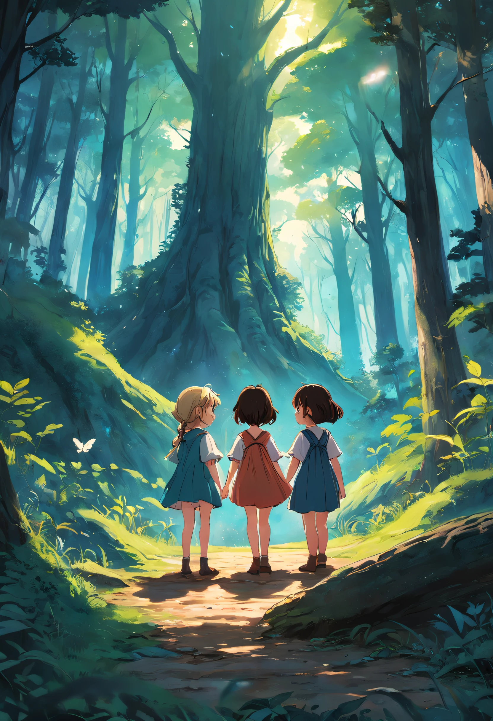 Draw a charming scene that depicts the moment when the four children, Clara, JOHN, Sofia e Pedro, are standing on the edge of the dense forest, com olhares curiosos e surpresos em seus rostos. Na imagem, destaque a entrada da trilha escondida que os leva para dentro da Floresta Encantada. You can include details of the tall and mysterious trees around, plus subtle clues to the wonders they're about to discover.

This will help illustrate the opening chapter of the story, where the children are about to enter the Enchanted Forest and begin their exciting journey.