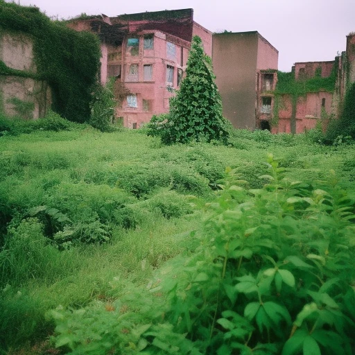 Plants take over an abandoned city, , end of the world, Scary creatures live in the dark streets, Disposable Camera, actual, gloomy