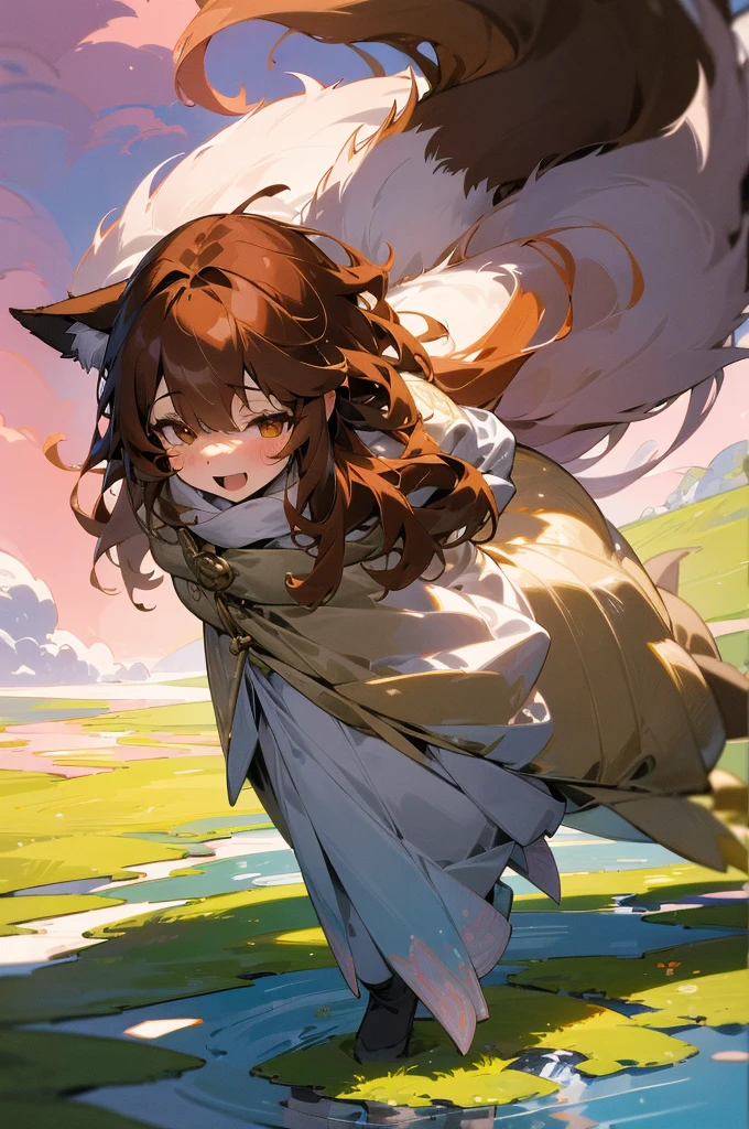 (vibrantcolors), (highres), (sharpfocus), (studio lighting), (bokeh), [abstract], [surrealistic], [dreamlike], a girl standing on a floating island, surrounded by a colorful sky, with vibrant clouds and a bright sun. She is wearing an elegant flowing dress and has long flowing hair. The island is covered with lush green grass and blooming flowers. In the distance, there is a waterfall cascading down from another floating island. The entire scene is bathed in a warm, golden light, creating a magical and surreal atmosphere. (((masterpiece))),(((bestquality))),((ultra-detailed)),(illustration),((an extremely delicate and beautiful)), fox girl, kitsune, brown hair, fluffy tail, detailed background, full fringe, tomboy appearance,  celebration, happy expression