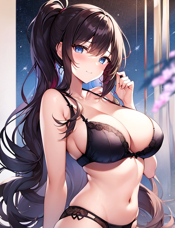 masterpiece、top-quality、in 8K、独奏、One girl、Detailed and elaborate girls、A beautiful and cute girl、Extraordinary beauty、Emphasized buttocks、Voluptuous body、Embarrassed look、red blush、Spiteful smile、kawaii faces、the perfect body、Perfect Style、full-shot、wide Shots、dynamic ungle、Beautiful hair、Long hair that reaches to the waist、(poneyTail:1.6)、beautidful eyes、Red underwear、Underwear、T-back underwear、Underwear with strings on the sides、New down、High leg cut、sexy underwear、Wear only underwear、Detailed and elaborate cute ruffled underwear、thin-waist、constricted hipig butt、Tense buttocks、Attractive butt、perfect buttocks、skinny thigh、Skinny Legs、Colossal titig breasts with tension、Long breastust that seems to overflow from bra、Bust sticking to costume、Heavy chest、Heavy chest,mange un gros gâteaux d'anniversaire