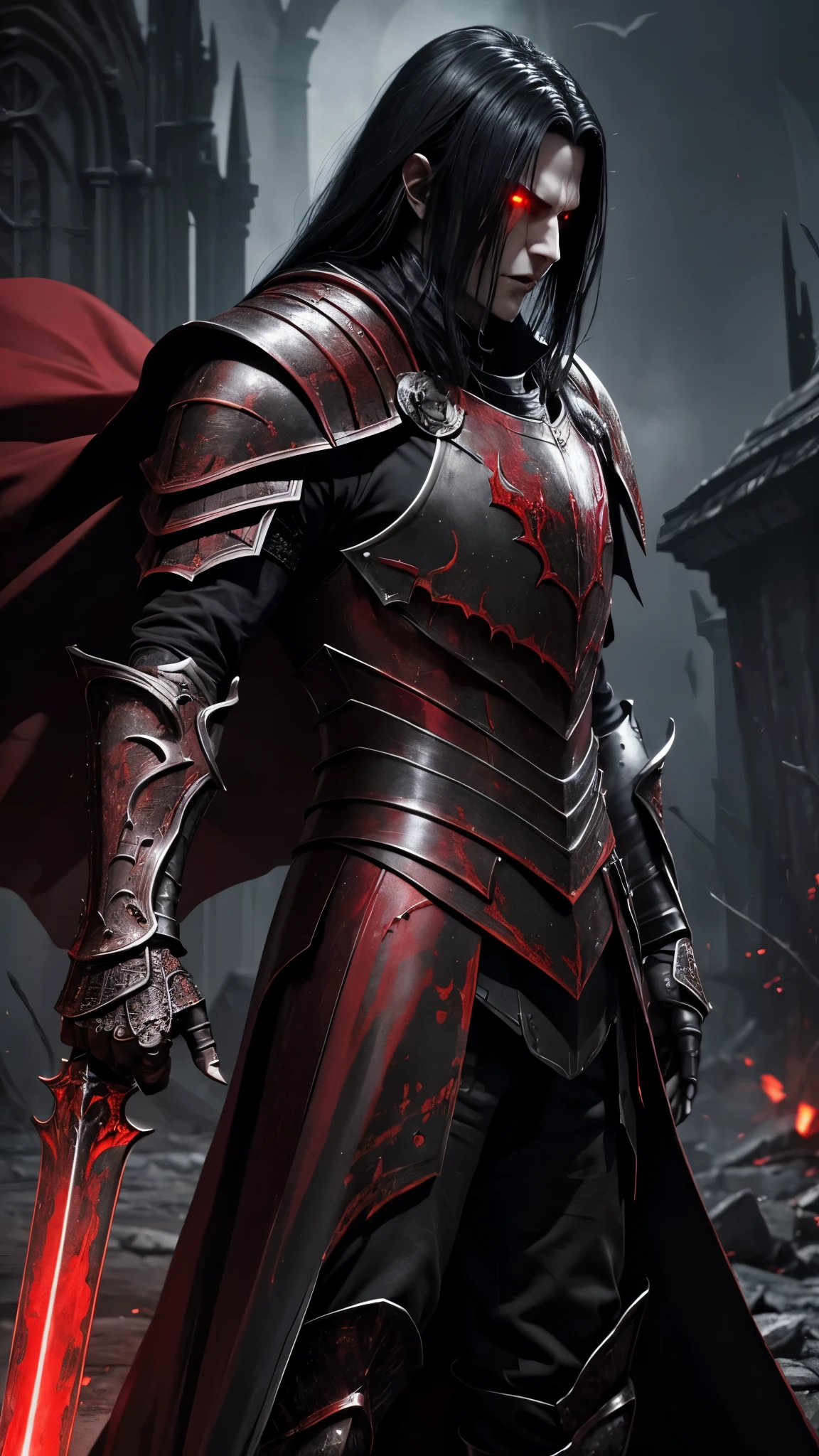 man, red glowing eyes, black hair, pale skin, black gold armor,,,vampire king,, fantasy dark souls world, fighting with, vampire Hunter,red knight armor