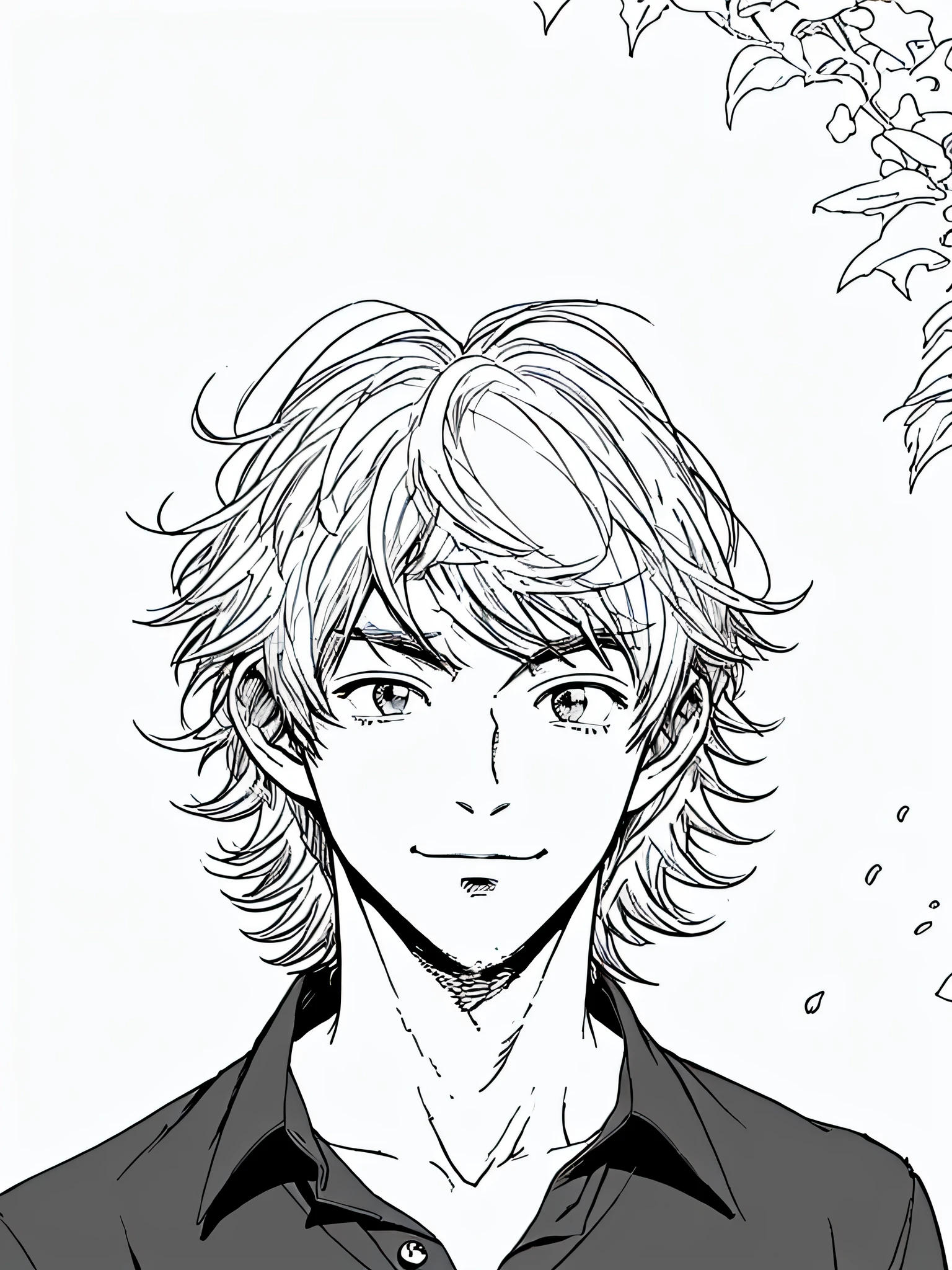 1guy, Handsome man, Solo,up looking_で_viewer, ((masetepiece,Best Quality)), Beautiful detailed eyes, beautifull detailed face、hair between eye、logn hair、a cool、outer、twinks、Young man、Calm、Cool System、Soothing、The best smile、Black shirt, manga style, manga, black and white, anime/manga artstyle