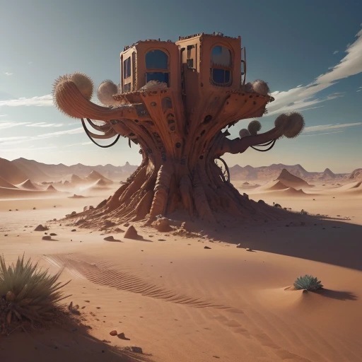 (best quality,4k,8k,highres,masterpiece:1.2),ultra-detailed,(realistic,photorealistic,photo-realistic:1.37),anti-tech,vibrant,digging machine in the desert,sandstorm,industrial,dystopian,futuristic,harsh environment,engine exhaust,mechanical parts,scrapped electronics,ruins of the past,abandoned civilization,desolation,deserted landscape,fierce winds,blazing sun,desert vegetation,cacti,sand dunes,metallic structures,rusty surfaces,ominous skies,intense heat,mysterious atmosphere,post-apocalyptic,disrepair,dangerous,extreme climate,intricate detailing,high-tech,contrasting colors,dynamic composition,contrasting textures,strong shadows,dramatic lighting