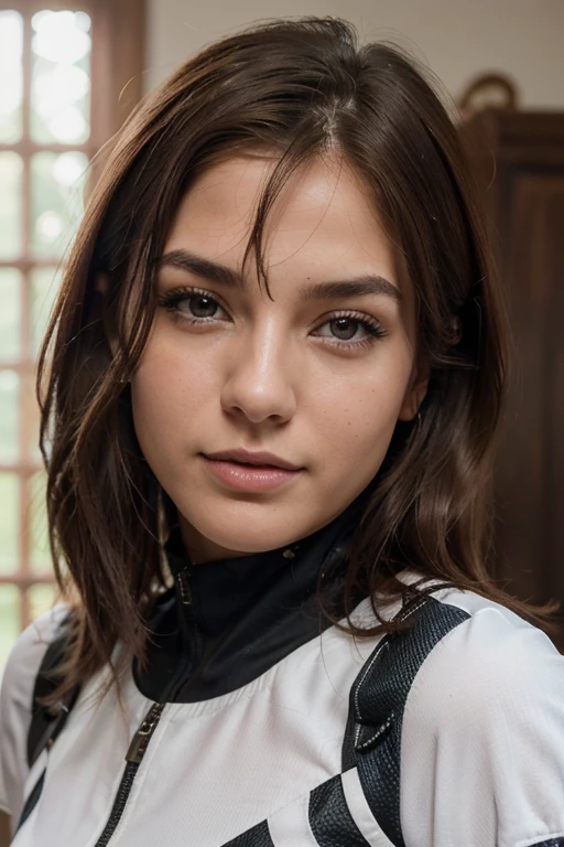 Breathtaking cinematic photo of a 30 year old girl with By the chestnut and Brown eyes, feliz, happy expression, boca cerrada, hermoso lips, detalles intrincados, Poca profundidad de campo, muy detallado, alto presupuesto, epic hollywood movie, gorgeous, obra maestra, premiado, profesional, muy detallado, textura de piel detallada, (rubor: 0.5), (piel de gallina: 0.5). (the most hermoso woman in the world) (By the chestnut) (pelo corto y rizado, Cabello salvaje, corte elegante) cara delgada, nariz fina, hermoso, very hermoso, perfecto face, esbelto body (esbelto), (By the chestnut) (Brown eyes ) (piel blanca) cuerpo hermoso, cara occidental, ojos depredadores, Labios rosados, muslos gruesos. cuerpo completo, belleza occidental, nariz fina, hermoso, perfecto, ((Mejor calidad)), ((Ultraresolution)), ((fotorrealista: 1.4)), (detalles intrincados), perfecto face, constituir: 1.5 , cara clara, Detalles faciales. vista frontal ((uniforme, tactical suit, disfraz de agente, ESPIAR))